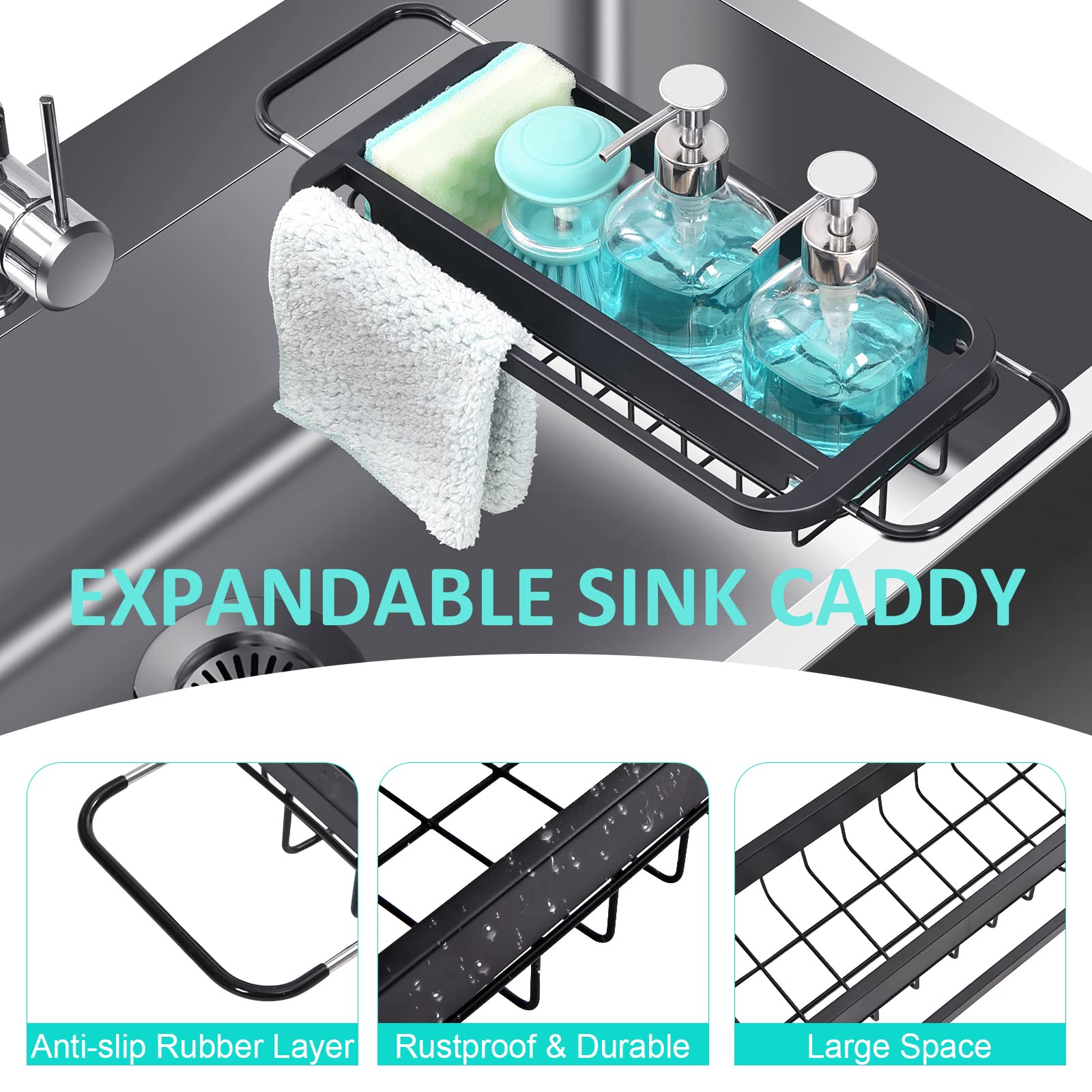Toolf Expandable Sink Caddy, Sink Drying Rack With Dish Towel Bar, Over The Sink Adjustable Sink Organizer For Kitchen, Rustproo