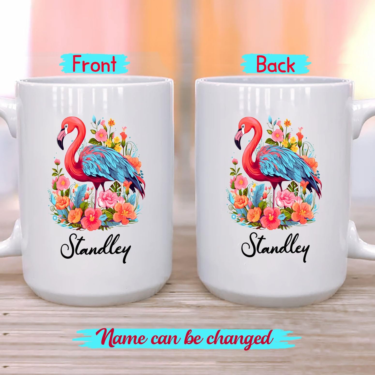 Personalized Name Flamingo White Ceramic Mug Gift For Dad Mom Sister Birthday, Customized Flamingo Lover Coffee Mug Cup 11 Oz 15