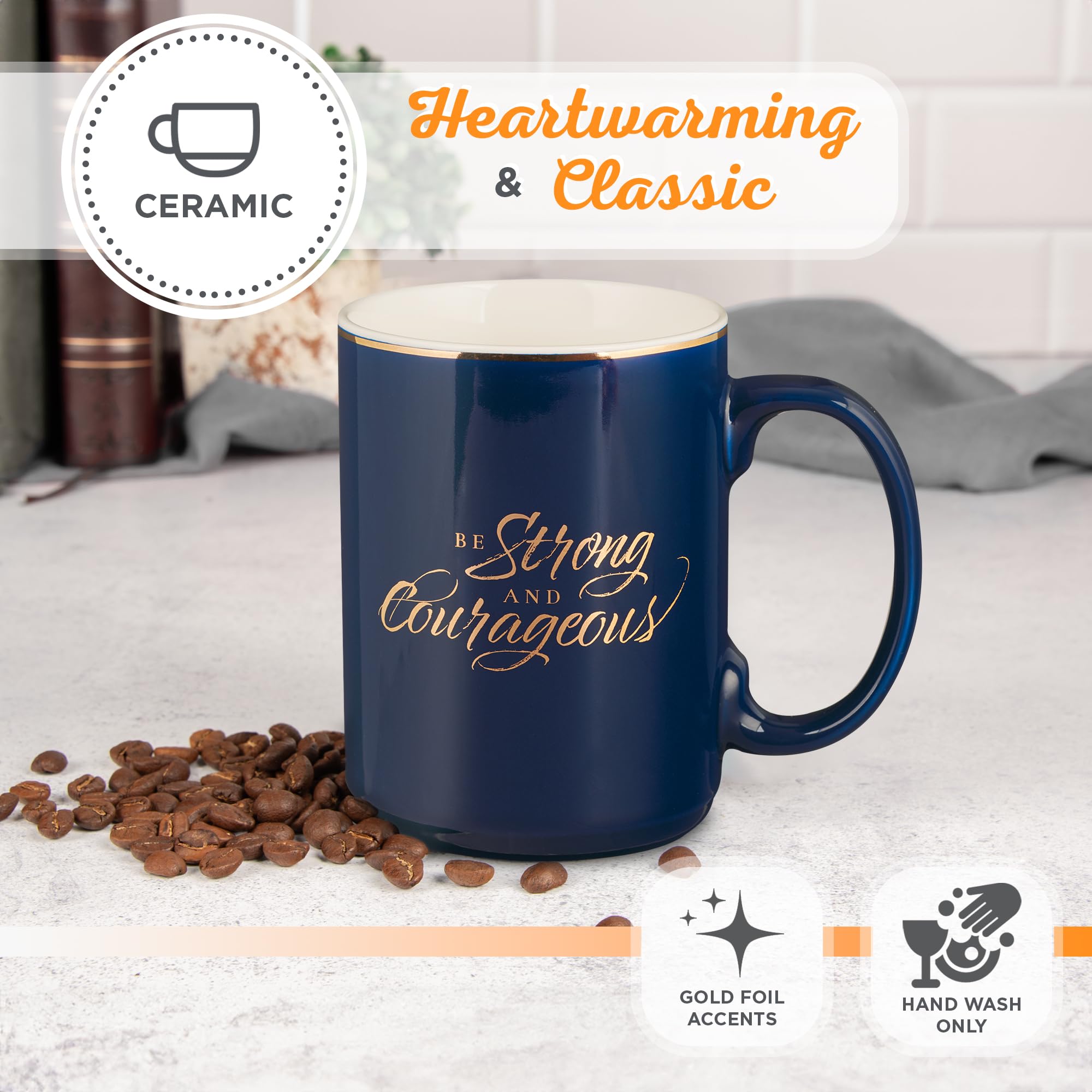 Christian Art Gifts Large Coffee & Tea Inspirational Scripture Mug for Men: Strong & Courageous - Encouraging Bible Verse Drinkw