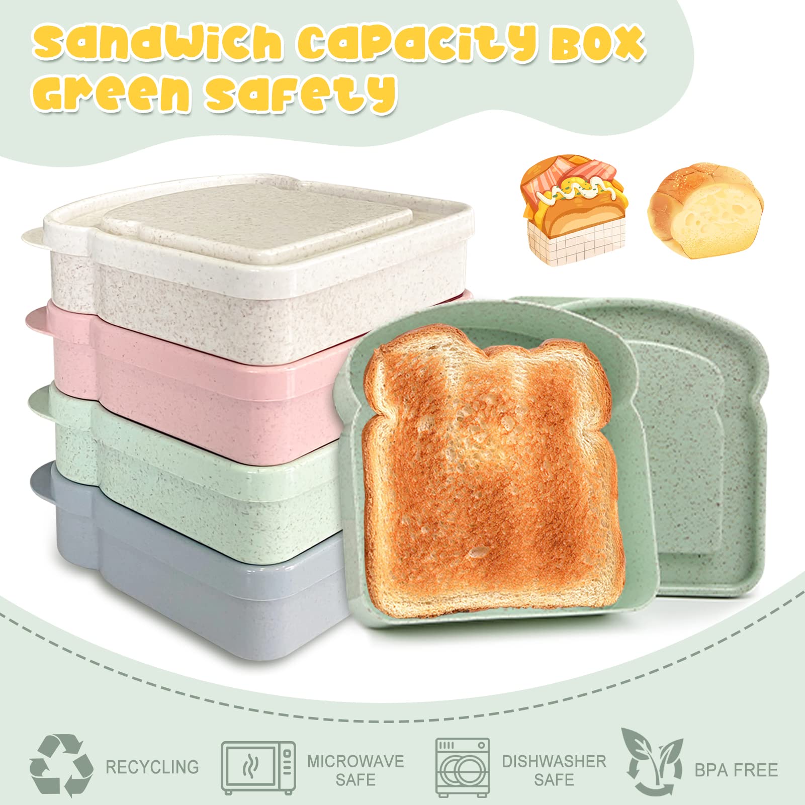 4Pcs Sandwich Containers For Lunch Boxes, Reusable Sandwich Box Container For Kids, Sandwich Holder Bread Container For Adults,