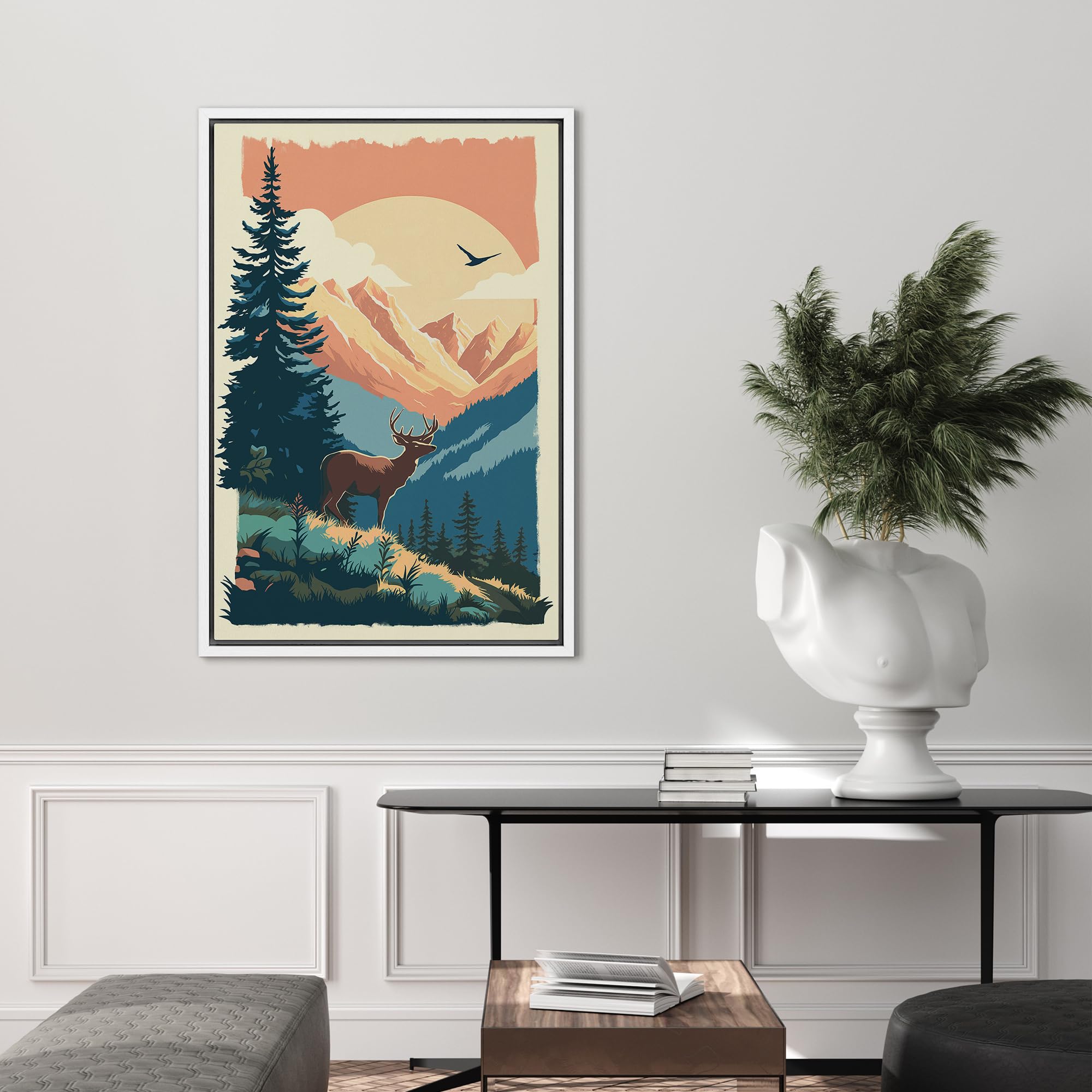 Signford Framed Canvas Print Wall Art Deer Green Pine Tree Forest Nature Wilderness Illustrations Modern Art Decorative Rustic R