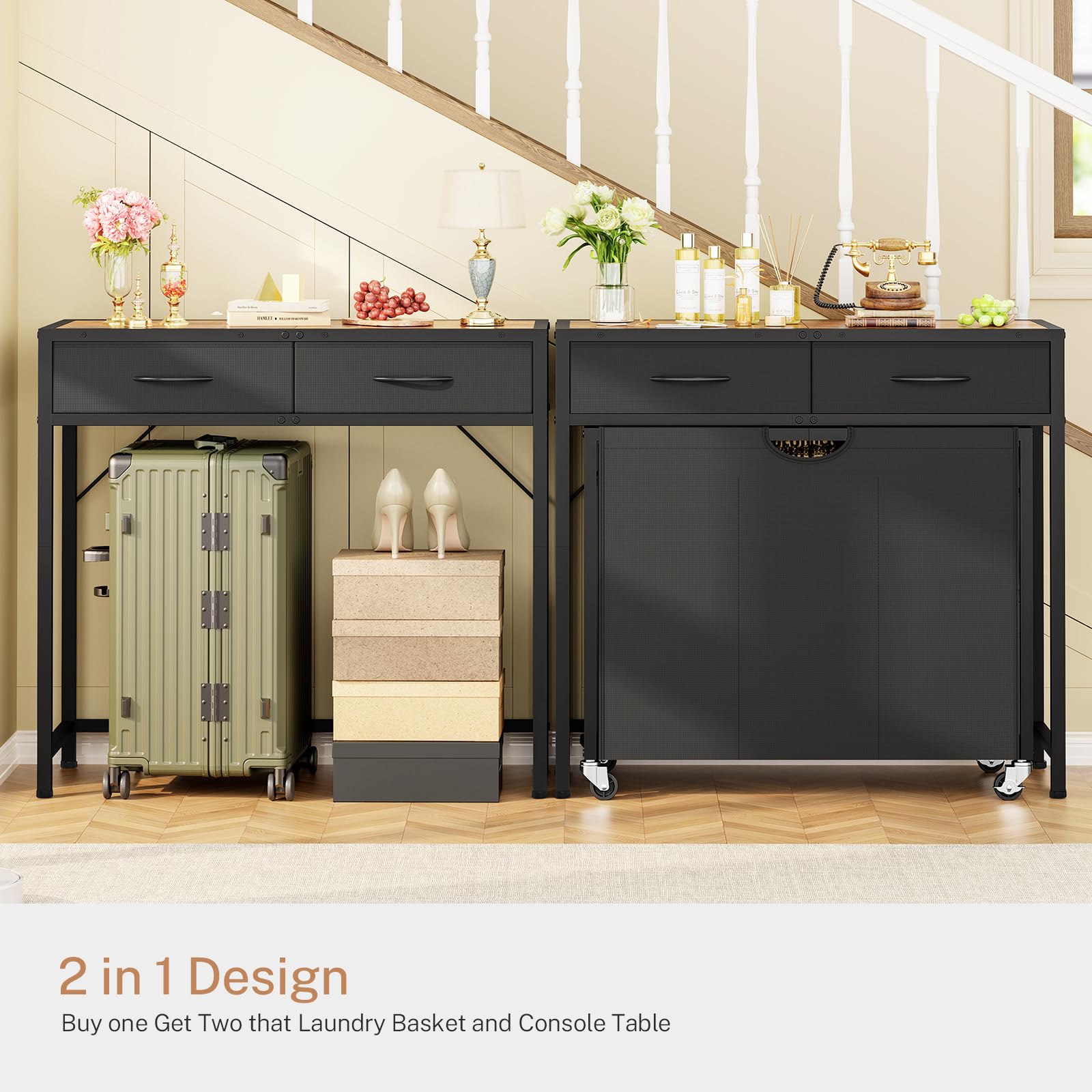 Laundry Sorter, Rolling Laundry Hamper With 3 Section Pull-Out Bags, Laundry Basket Organizer With 2 Drawers & 2-Tone Top Panel,