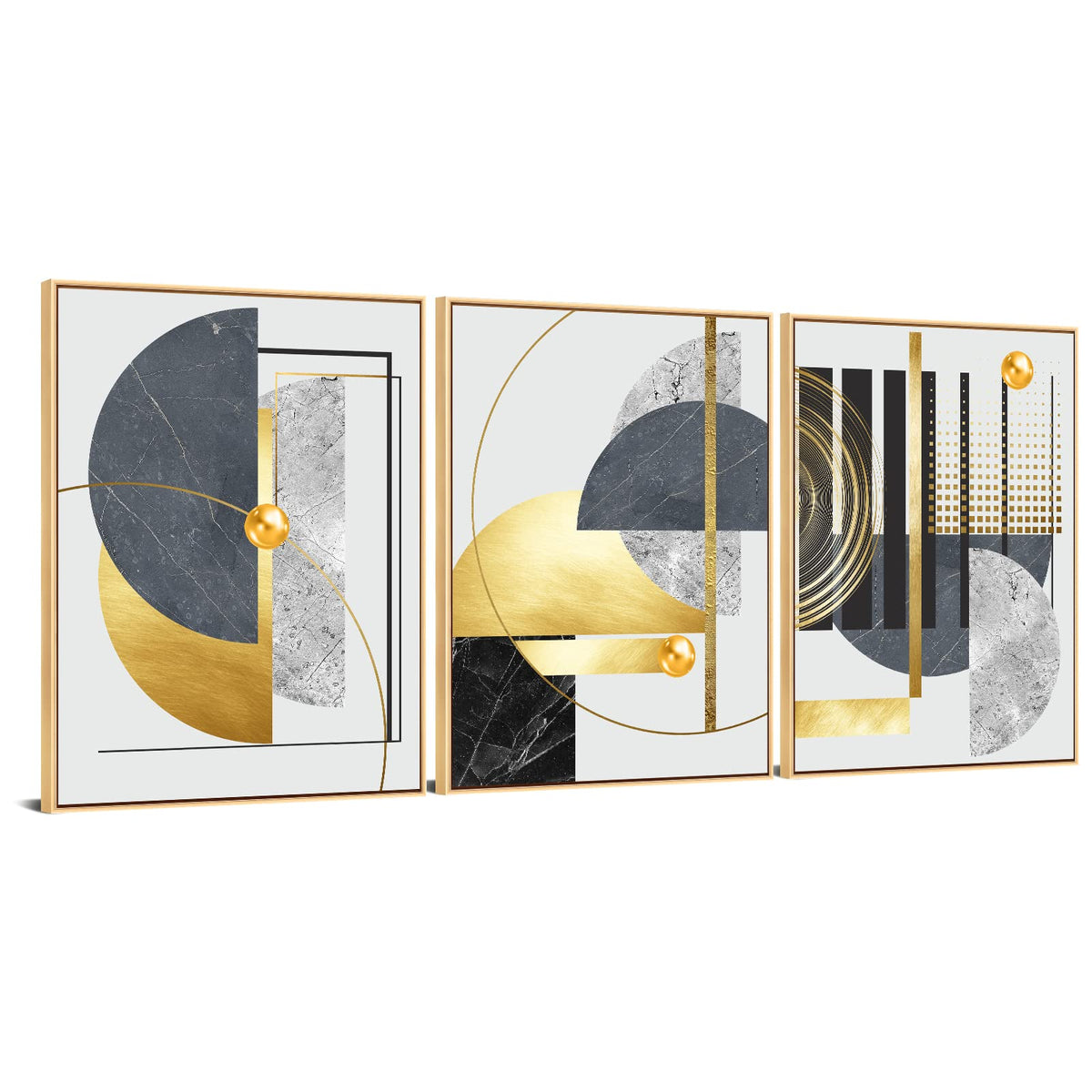 3Pcs Gold Canvas Wall Art Decor, Nordic Luxury Geometric Abstract Grey Black And Gold Framed Painting Poster Print For Living Ro