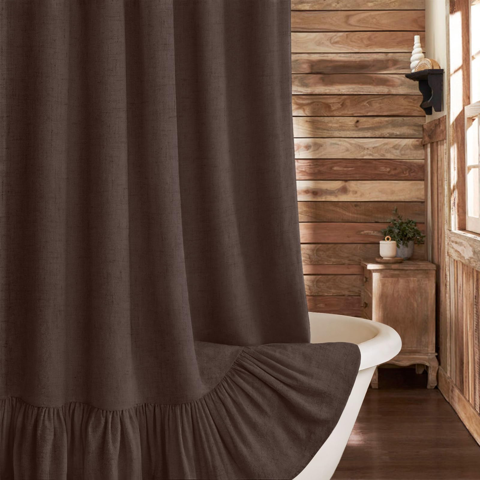 Xoguibo Farmhouse Shower Curtain With Ruffle Hem Linen Flax Brown Shower Curtains For Bathroom Country Vintage Rustic Natural Fa