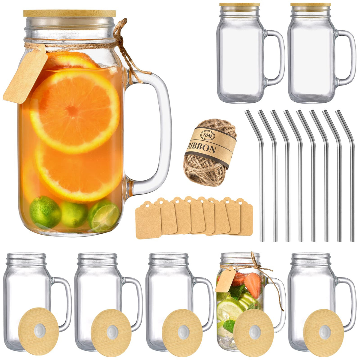 Tanglong Mason Jar With Lid And Straw 24 Oz Mason Jar Cups Set Of 8 Glass Cups With Lids And Straws Mason Jars With Handle Drink