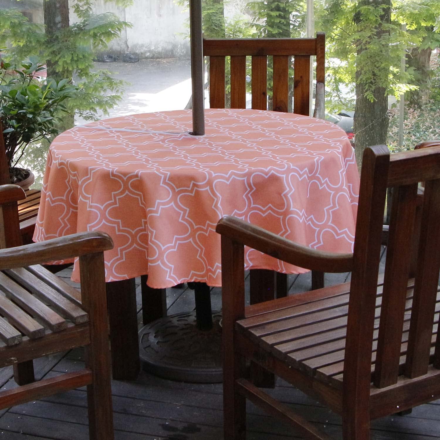 Melaluxe Spring/Summer Wrinkle-Free Waterproof Outdoor Tablecloth with Umbrella Hole and Zipper (Orange, 60 Round-Zippered)