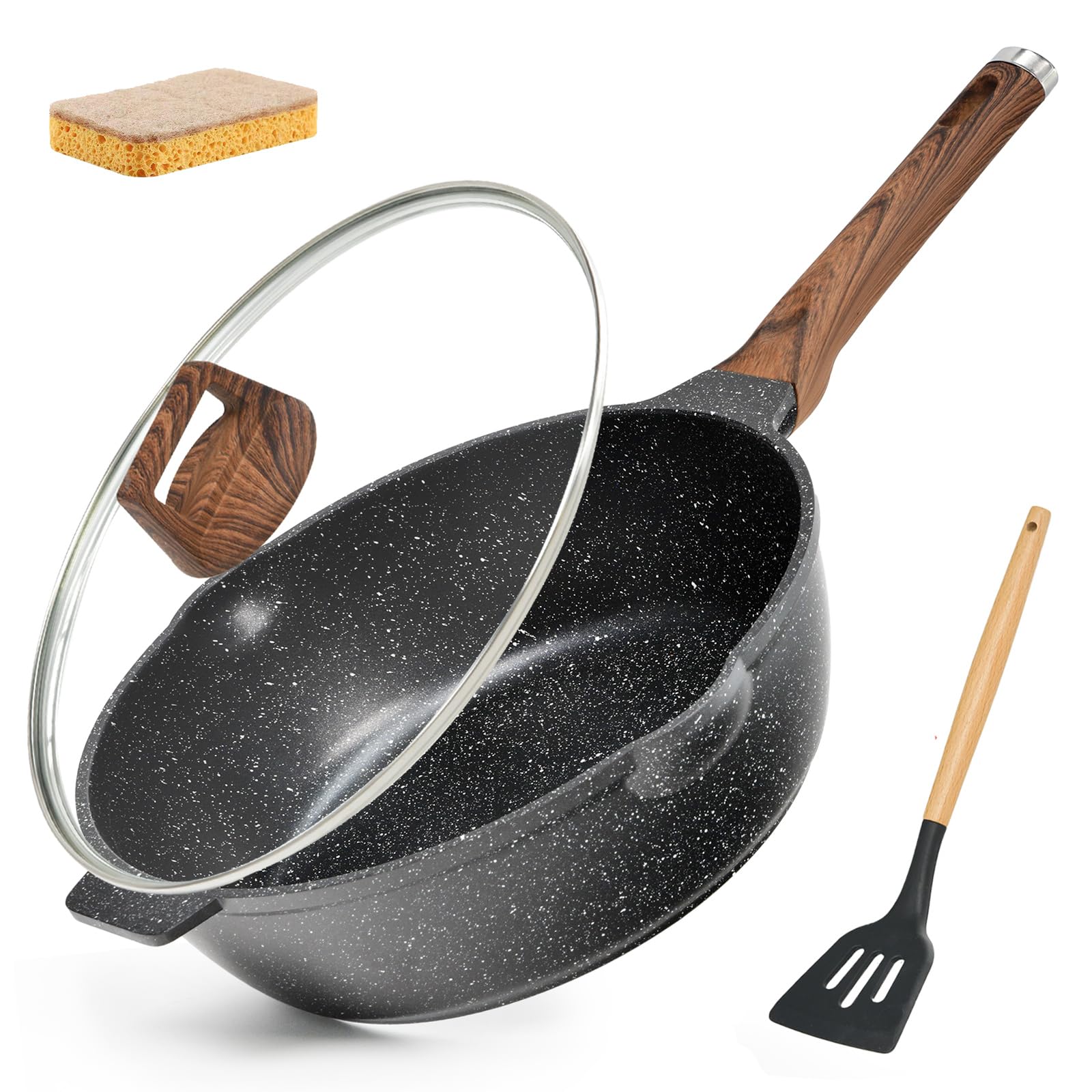 MOJIRE 12 Inch Nonstick Deep Frying Pan Skillet with Lid and Spatula, 6 Qt Jumbo Saute Pan with Pour Spout, Non Stick Granite St