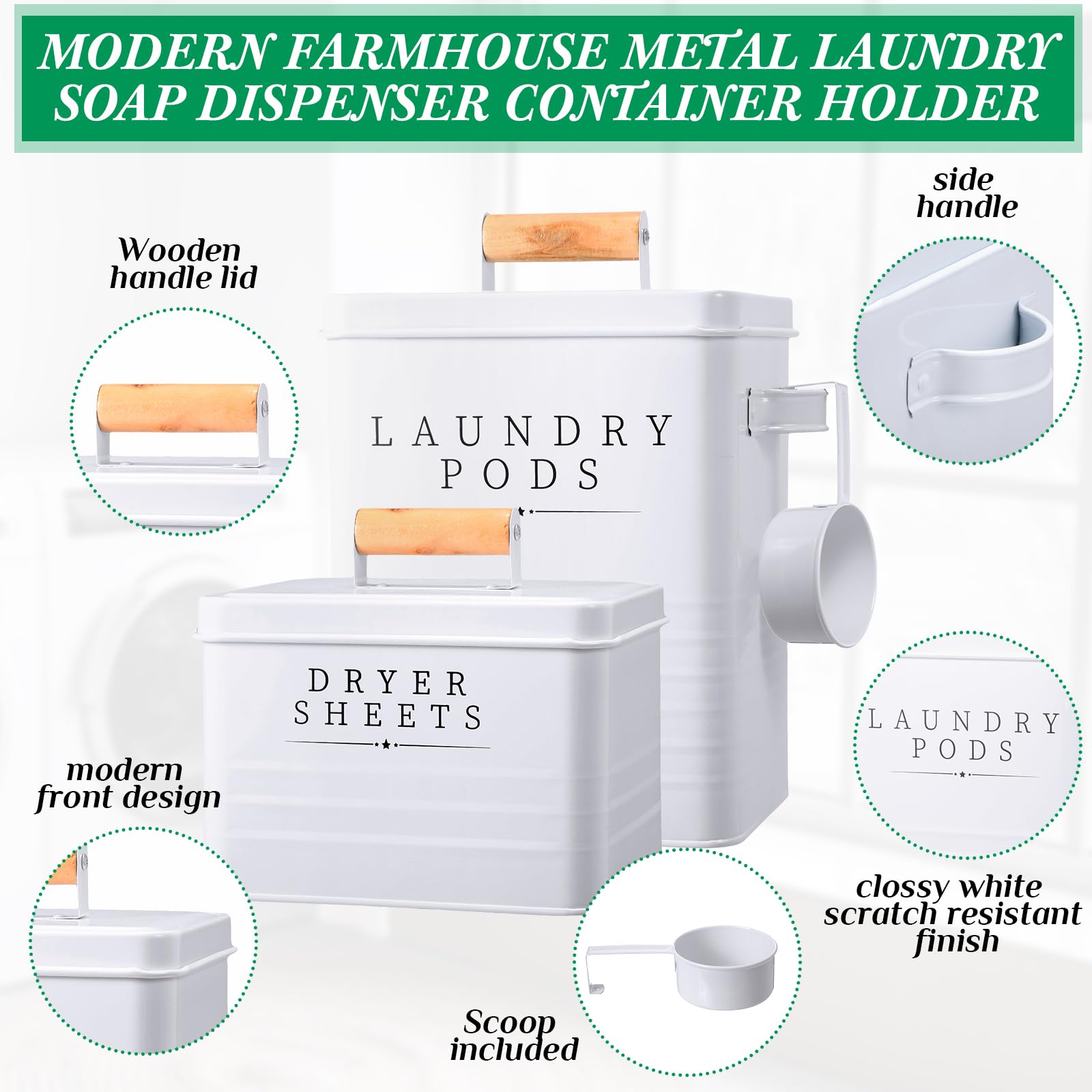 Yaocom 2 Pcs Laundry Pod Container With Dryer Sheet Holder For Laundry Room Farmhouse Detergent Storage Box With Lid Handle Meta
