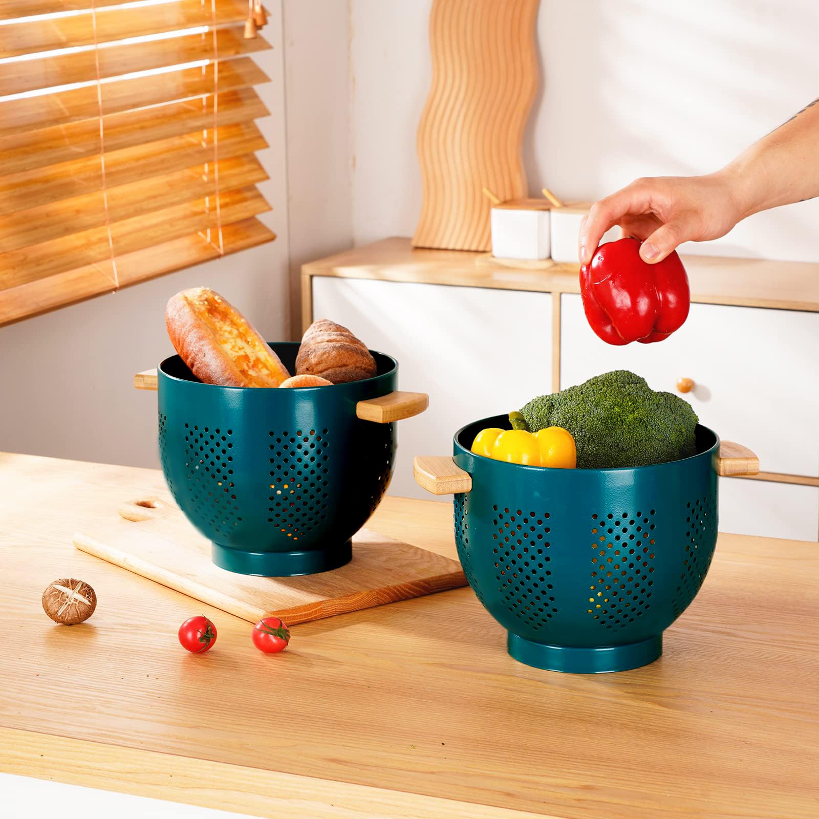 Metal Colander With Wood Handle, Powder Coated Steel Large Kitchen Strainer Stable Base,(Green, 55Qt)