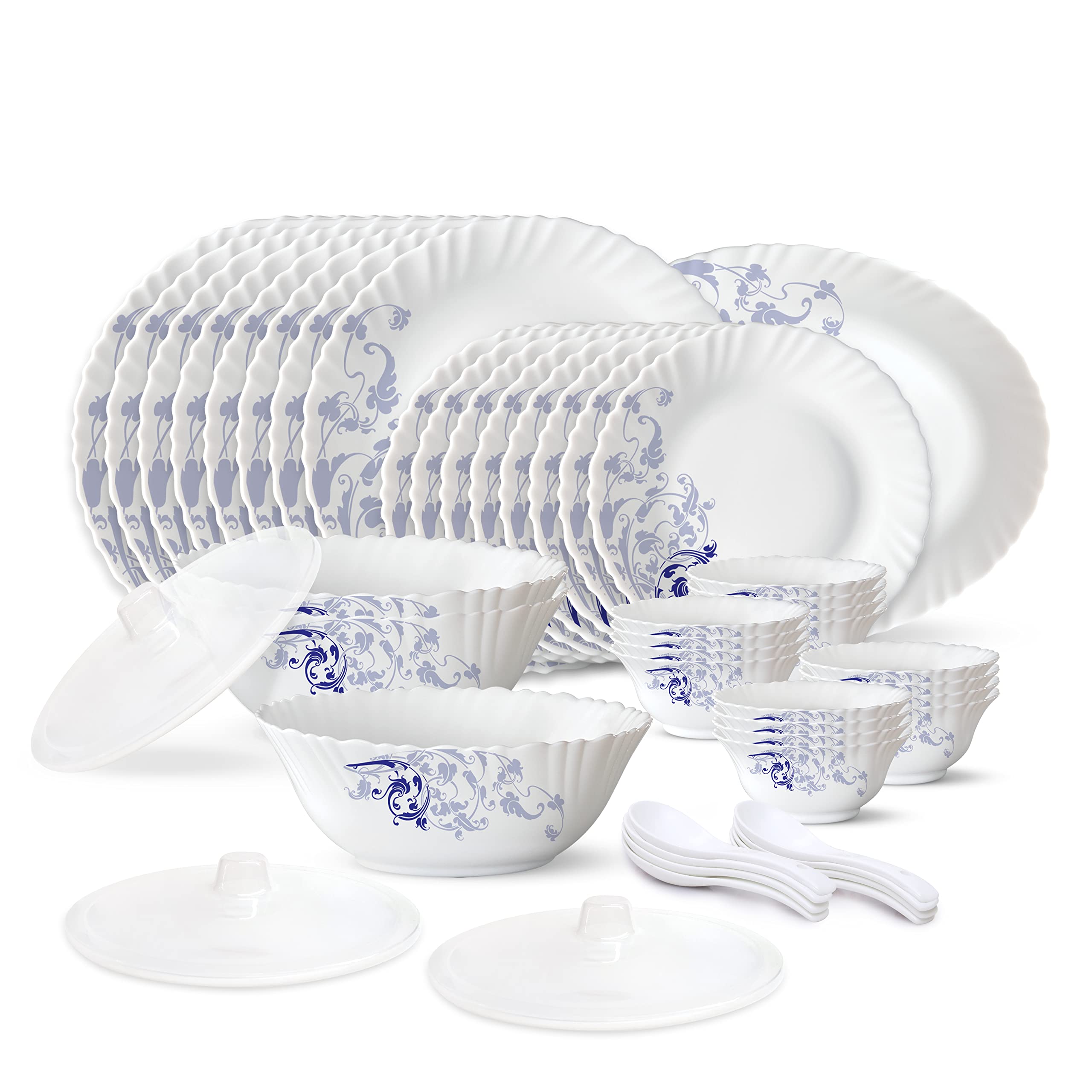 Larah By Borosil Blue Eve Silk Series Opalware Dinner Set, 47 Pieces, Blue Eve