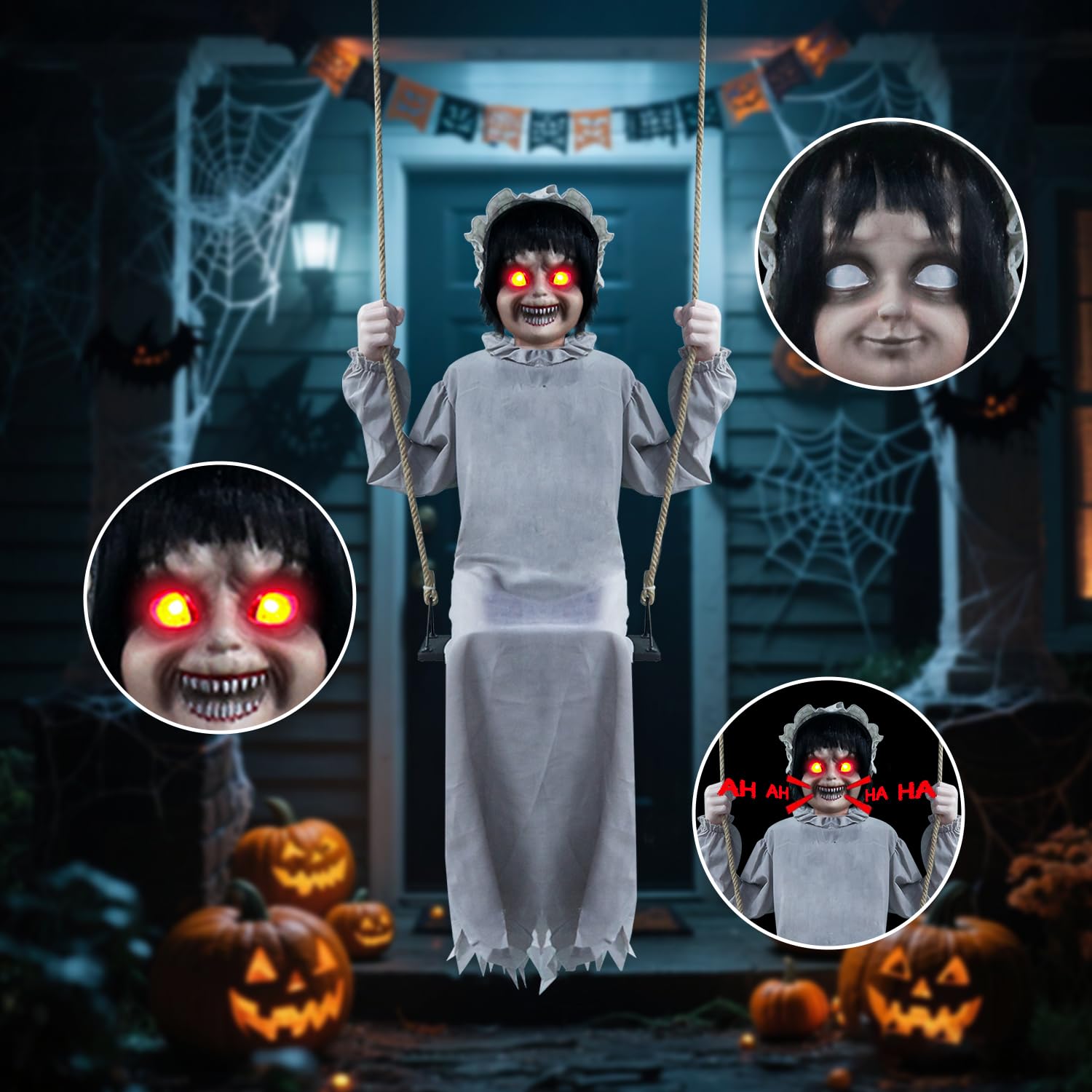 LarpGears Lifesize Swing Girl Halloween Animatronics Decorations - Creepy Twin-Face Motion/Sound Activated Hanging Prop Decor wi