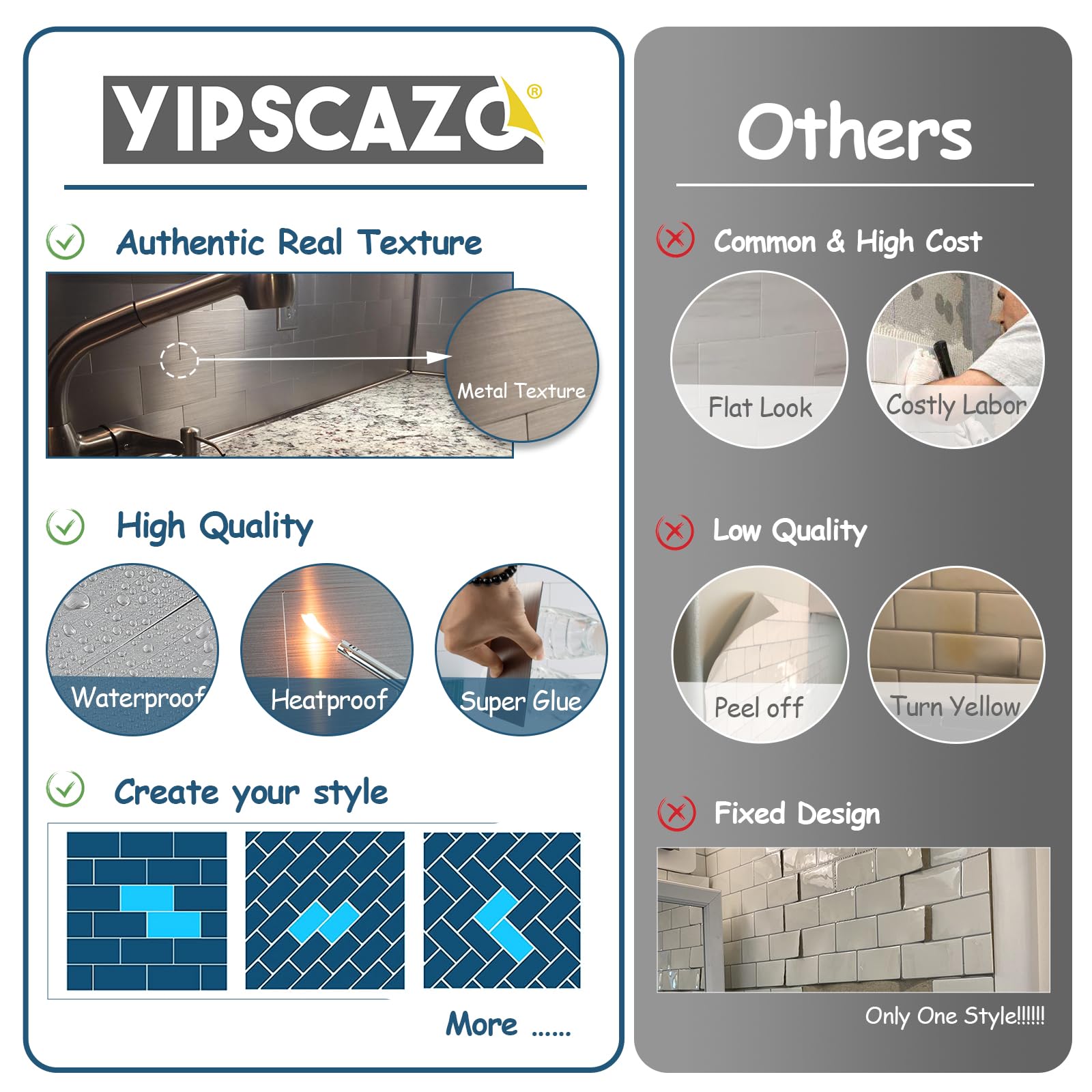 Yipscazo 2025 New Upgrade100 Pieces Peel and Stick backsplash 3 x 6 Inches 3D PVC Composite Wall Tile Stick on Backsplash Tile f