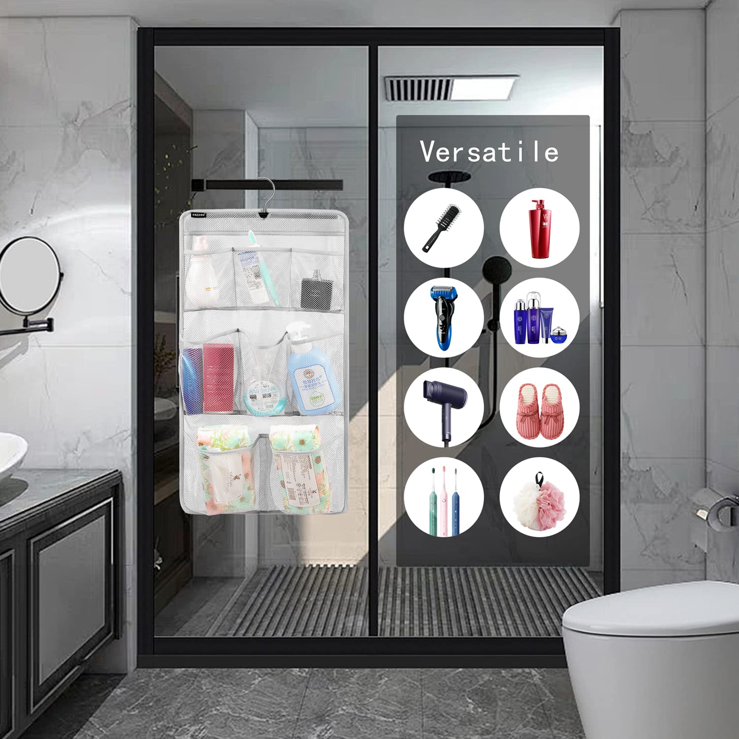 Anzorg Mesh Shower Organizer Hanging Caddy Quick Dry Bathroom Storage For Toiletry Accessories With Rotating Hanger (8 Pockets)