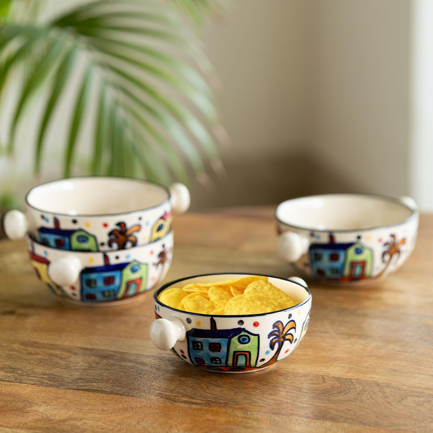 Exclusivelane Ceramic Serving Bowls Set For Dining Table | 'The Hut Handled Bowls' Handpainted Multicolored Snacks Serving Bowl 