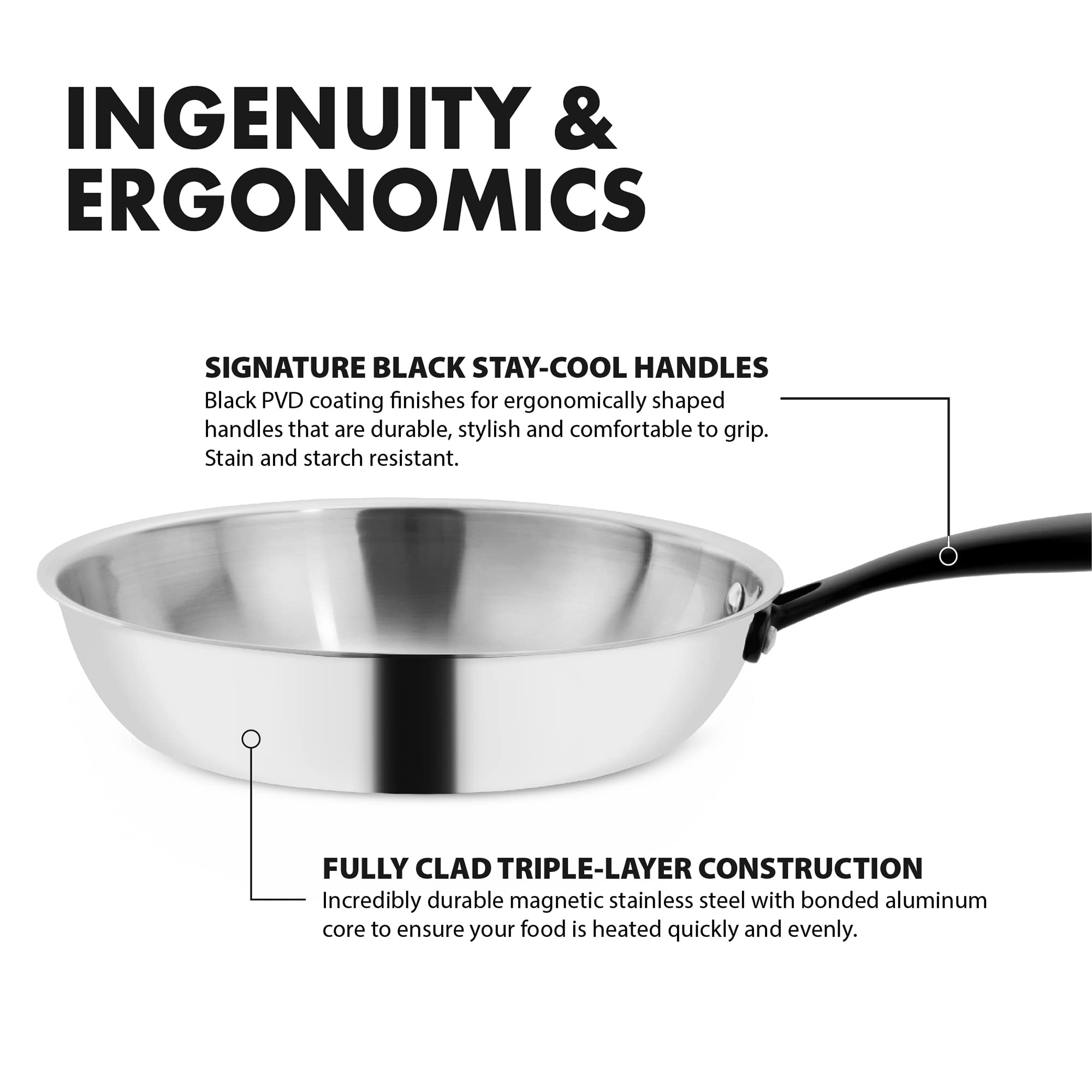 Grandties Full-Clad Tri-Ply Stainless Steel Frying Pan Induction Cookware - 10 Inch Stainless Steel Skillet, Marquina Black Meta