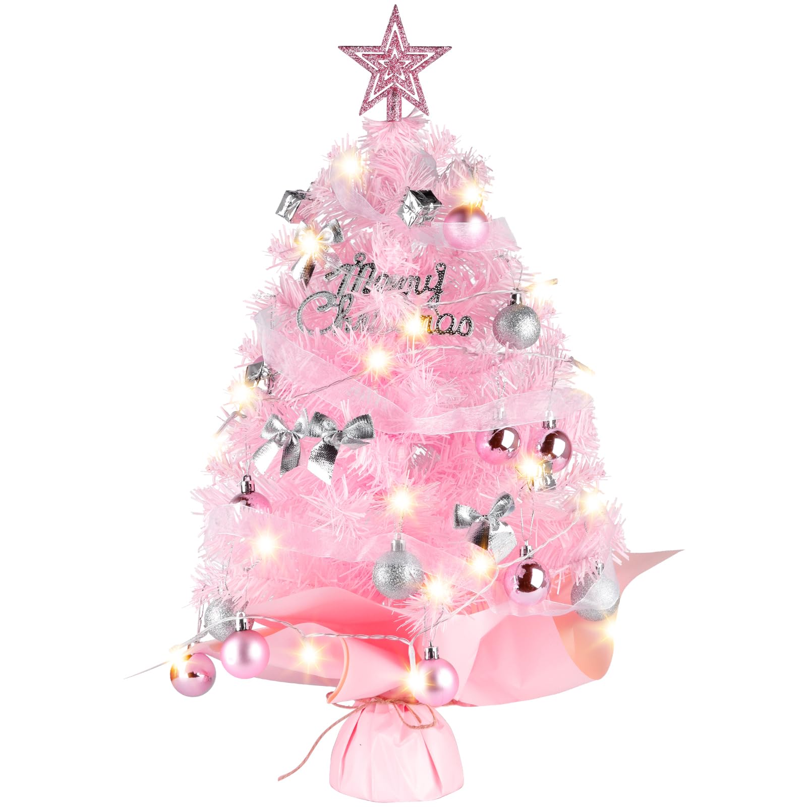 Tabletop Christmas Tree with Lights, Migaven 24inch/2ft Mini Pink Christmas Tree with Star Led String Light for Home Desktop Xma