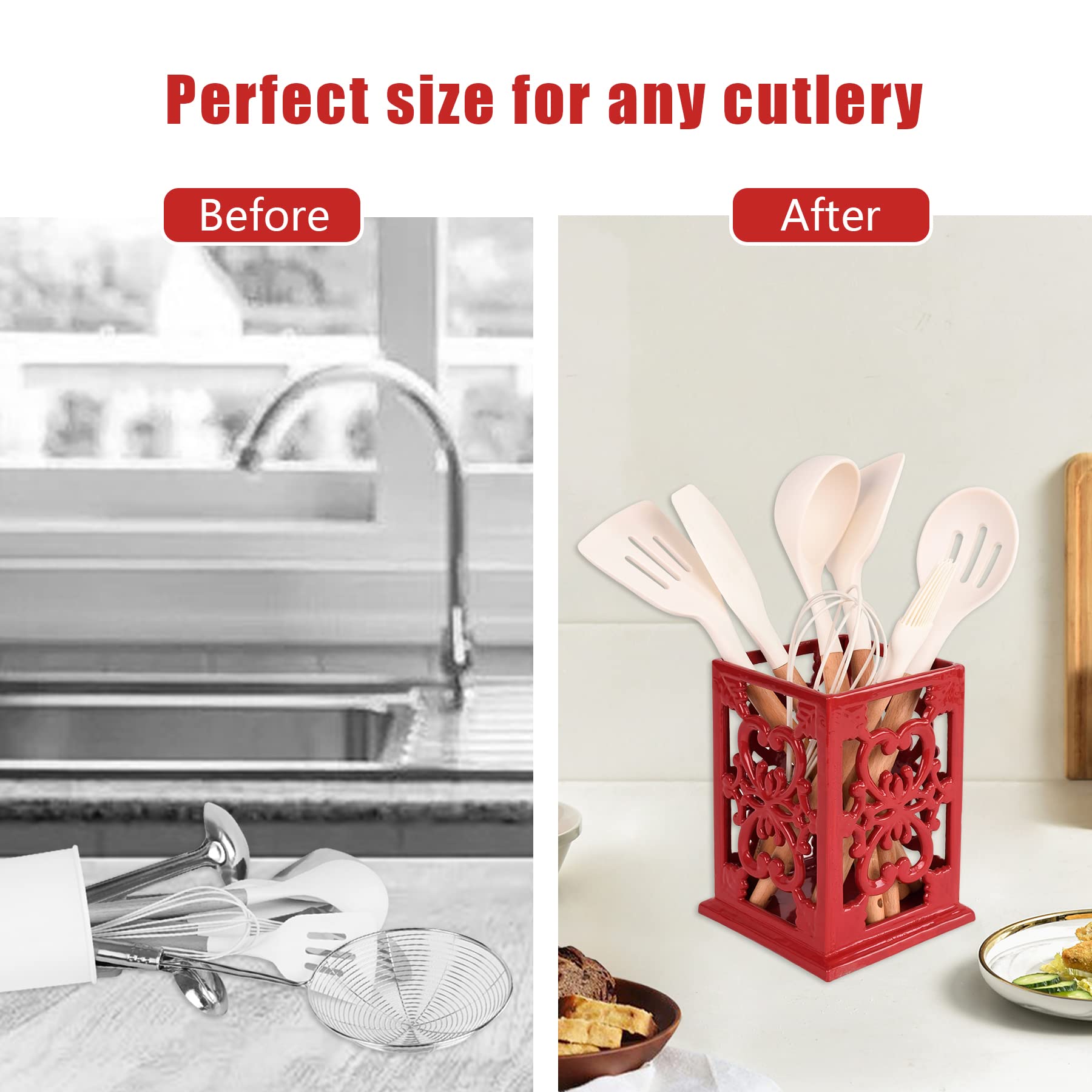 Minluful Cast Iron Utensil Holder, Vintage Farmhouse Kitchen Cookting Tools Utensil Holder For Countertop, Large Metal Flower De