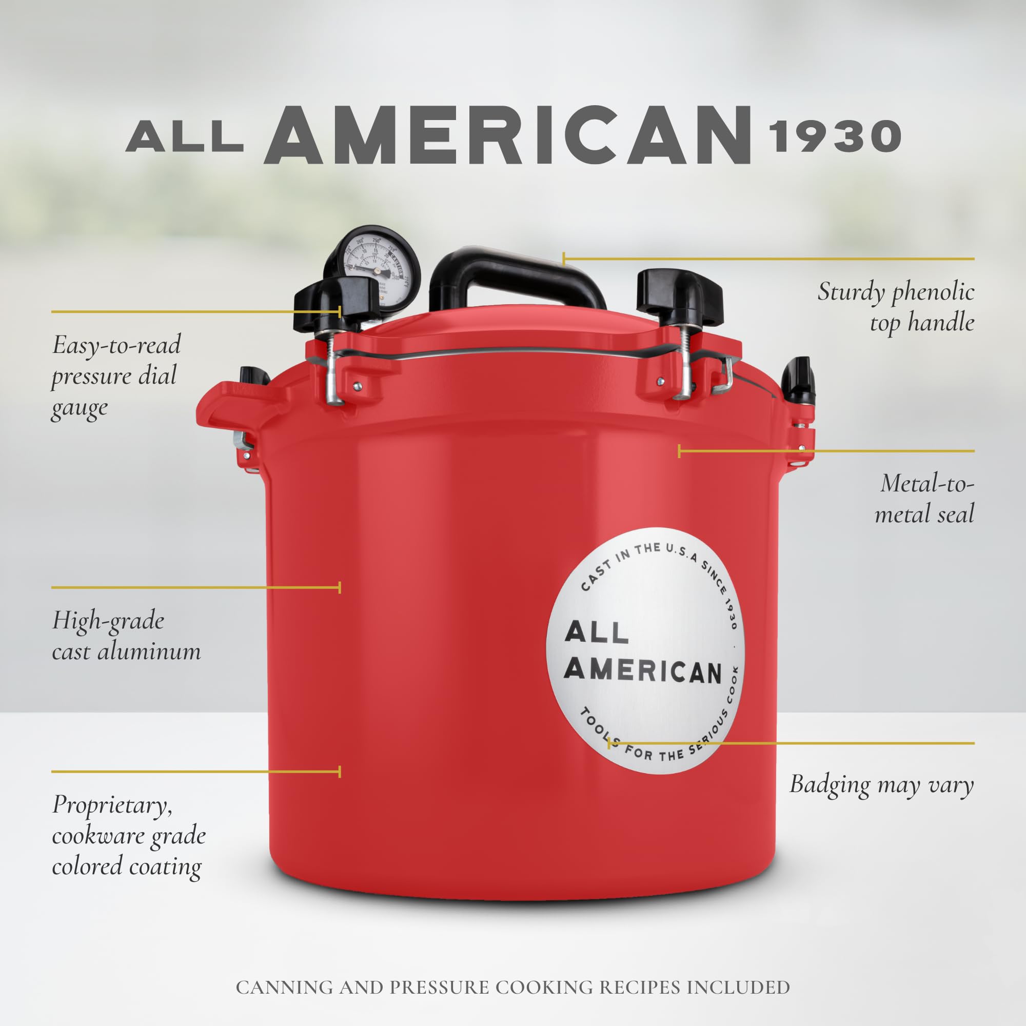 All American 1930 21.5qt Pressure Cooker/Canner (The 921), Tomato Red - Exclusive Metal-to-Metal Sealing System - Suitable for G