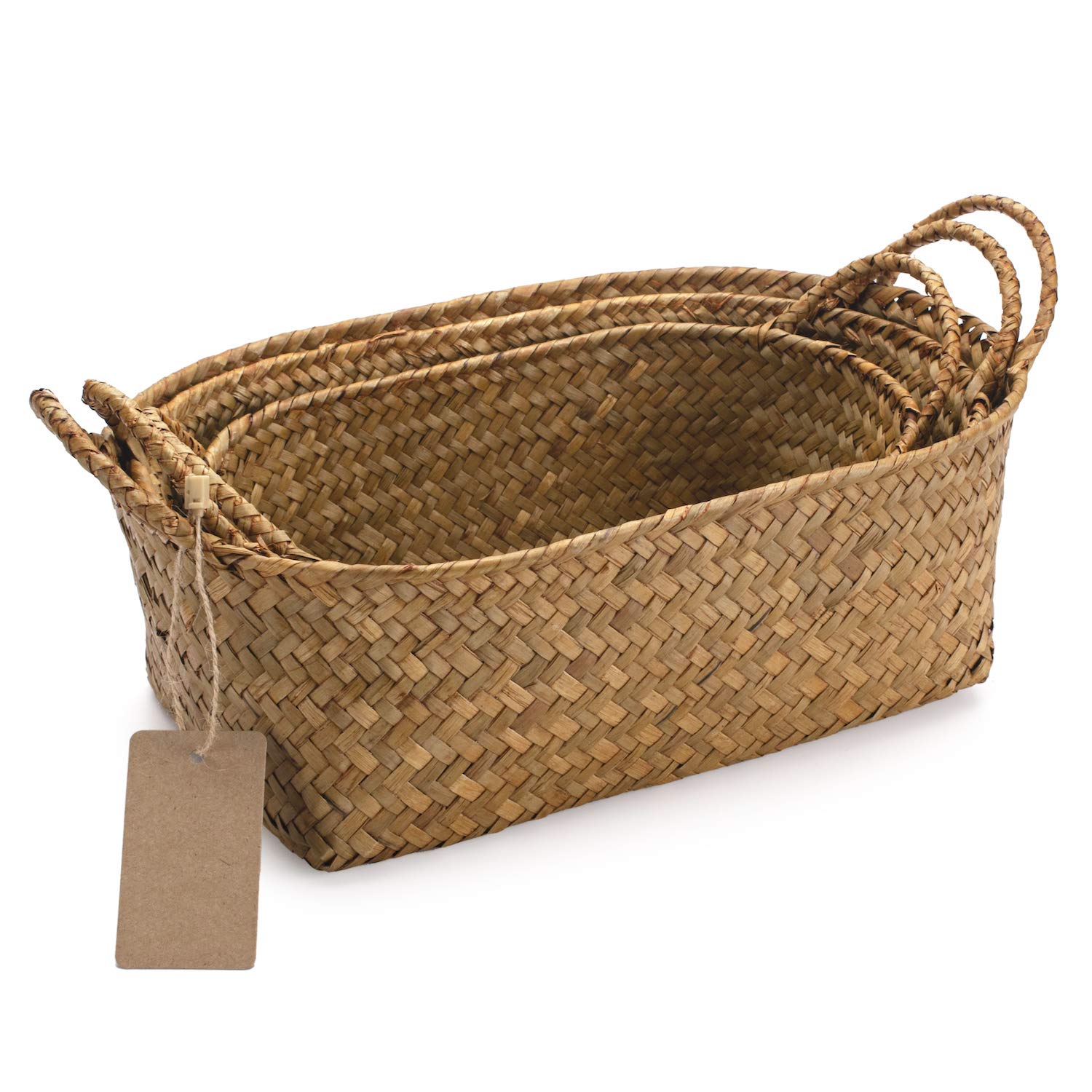 Whitewash Seagrass Woven Baskets for Storage Natural Shelf Basket with Handle for Organizer Stackable Oval Set of 3 (Large+Medium+Small)