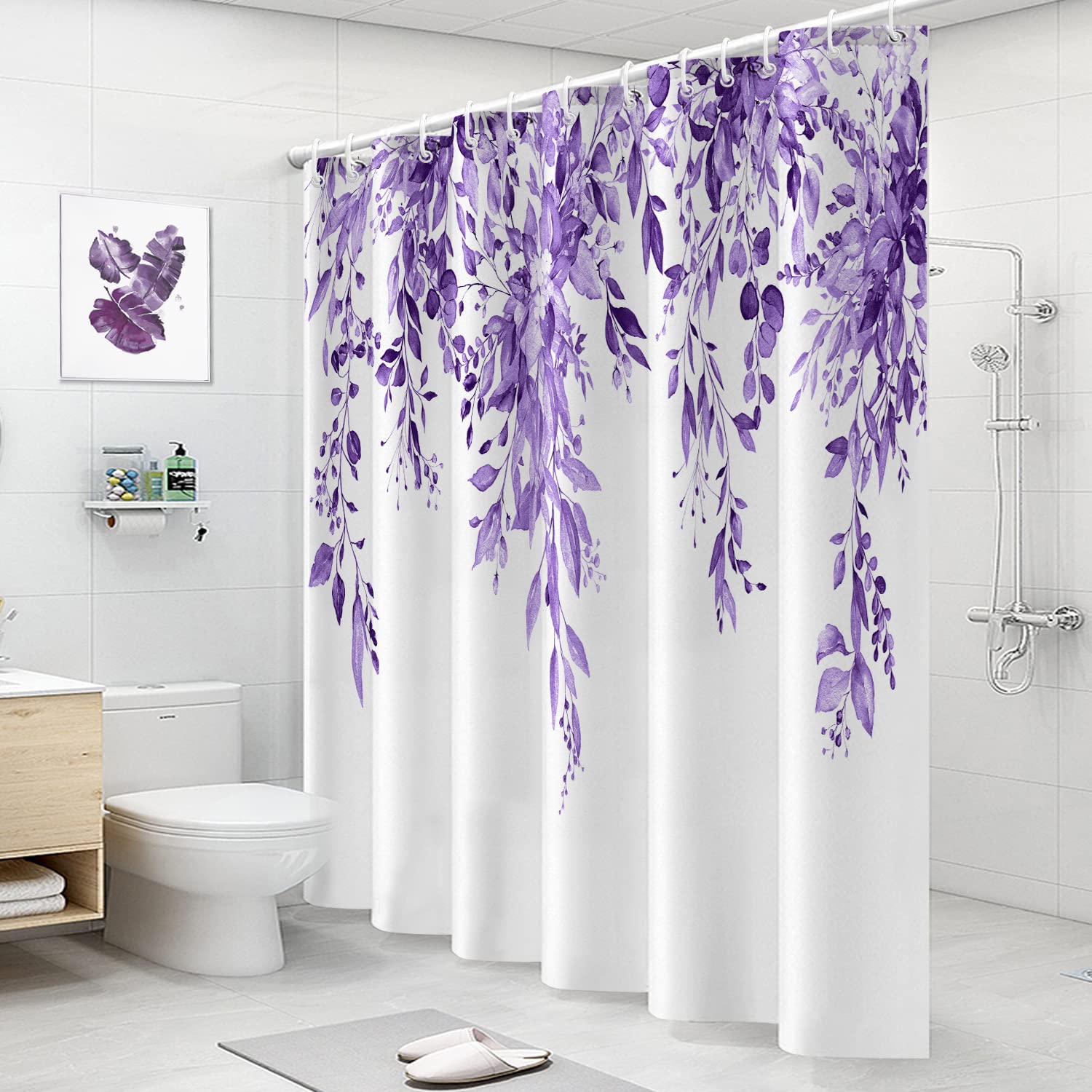 Nuseiis Purple Eucalyptus Shower Curtain  Watercolor Plant Leaves Shower Curtain with 12 Hooks  Decorative Botanical Shower Curtain 72 x 72 Inch