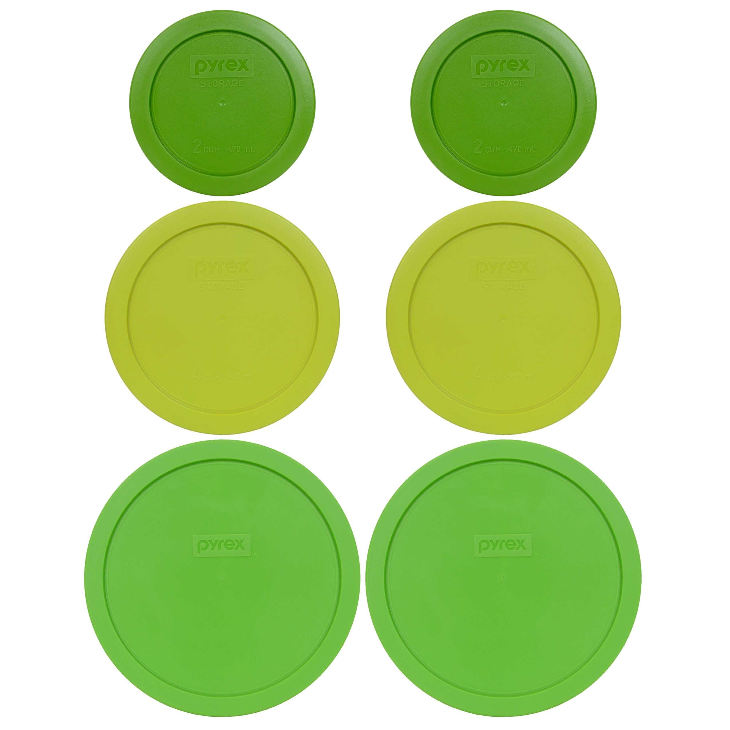 Pyrex (2) 7402-Pc Green 7 Cup, (2) 7201-Pc Edamame Green 4 Cup, & (2) 7200-Pc Lawn Green 2 Cup Plastic Storage Lids, Made In Usa