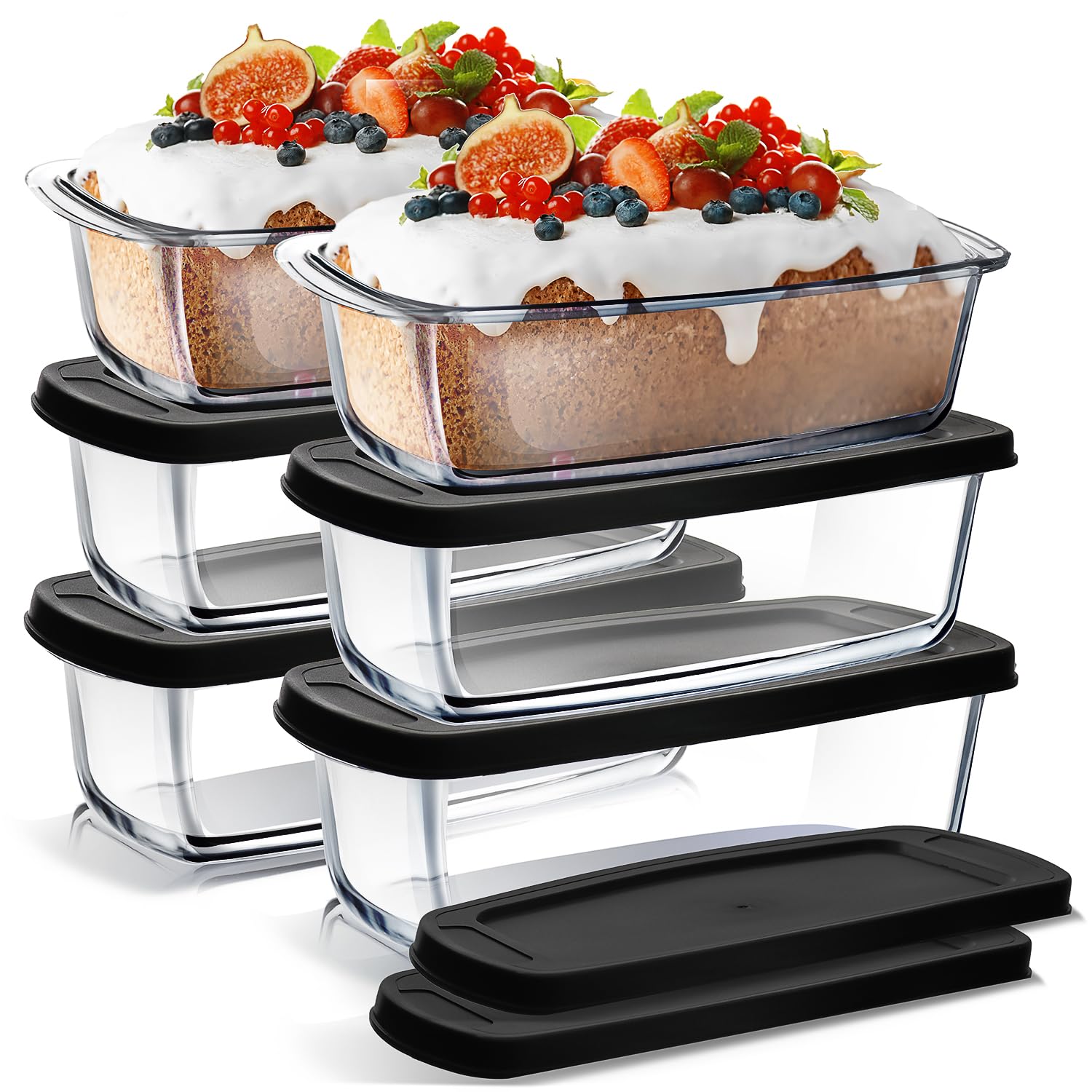 Nestl Set of 6 Glass Bread Loaf Pans for Baking Bread Glass Food Storage Containers with Lids, Glass Baking Dishes for Oven, Pou