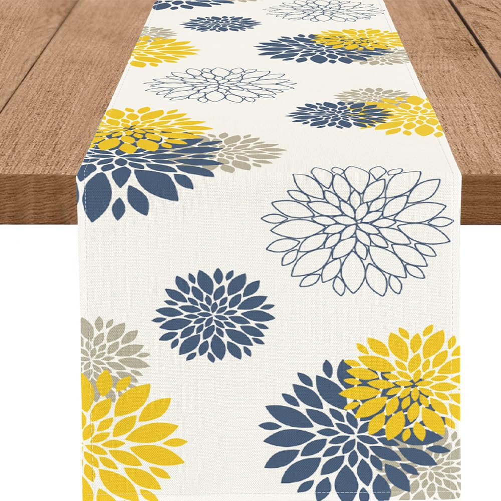 WHOMEAF Blue Yellow Gray Table Runner Dahlia Pinnata Flower Beige Table Runners Modern Elegant Pompon Farmhouse Geometric Coffee
