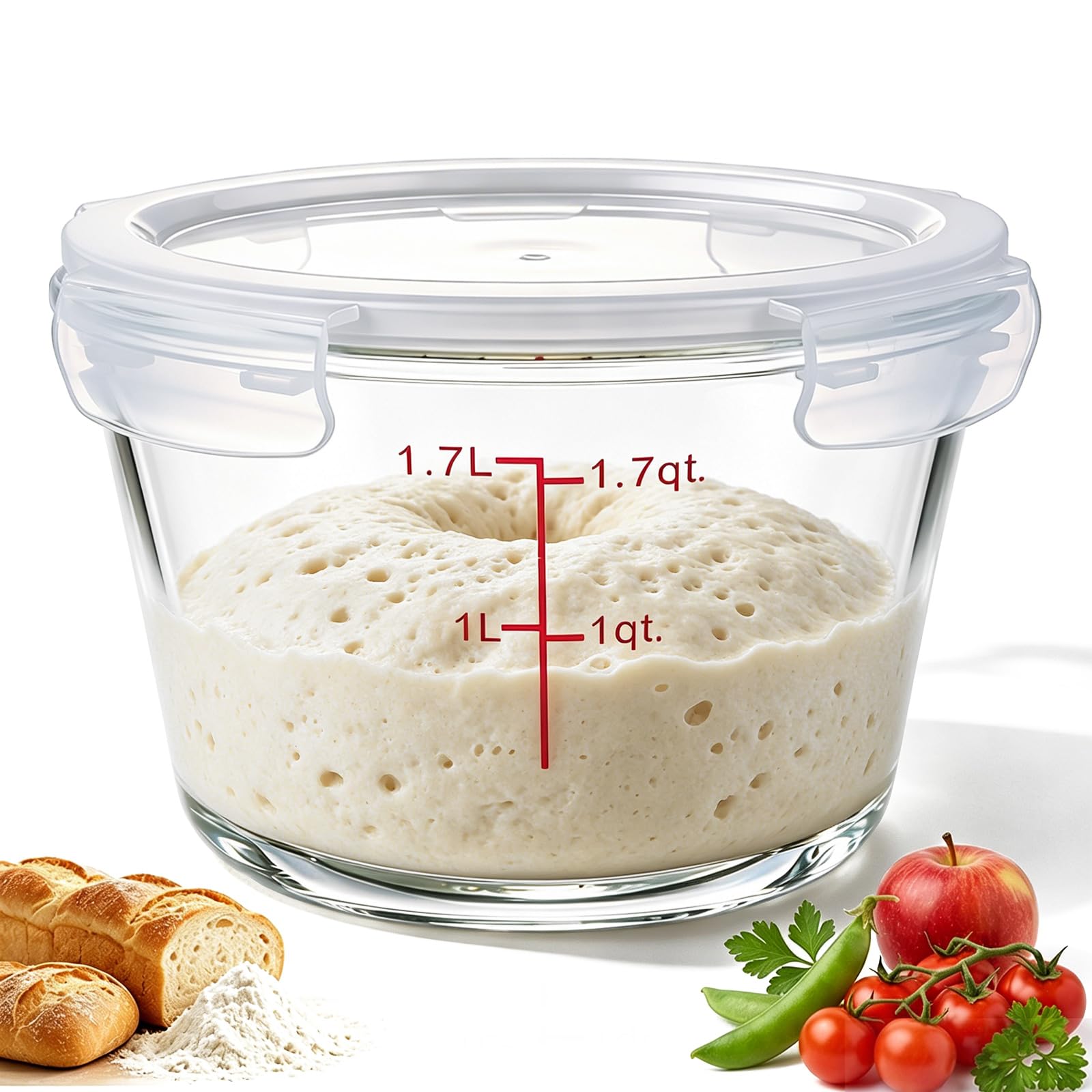 Ziliny 1 Pcs 2 Qt Glass Dough Proofing Container with Airtight Lid, Round
