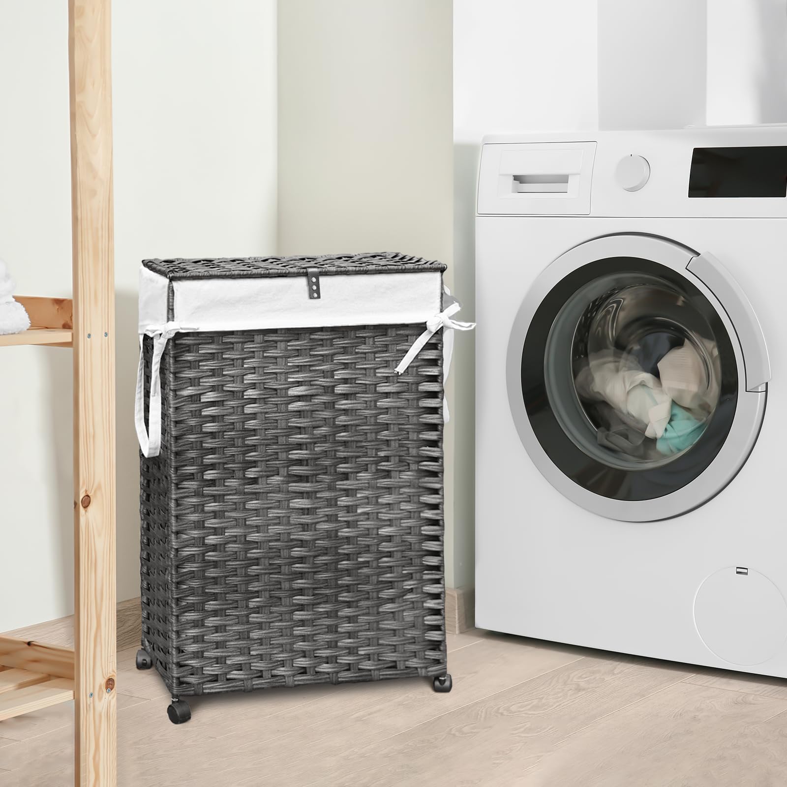 70L Slim Laundry Hamper With Lid & Wheels, Rolling Laundry Basket With 2 Removable Liner Bags & 3 Mesh Bags, Narrow Dirty Clothe