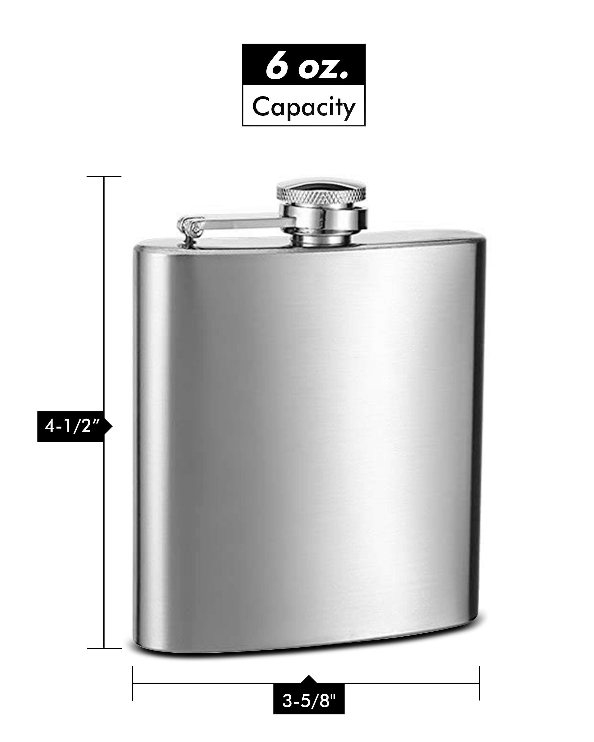 Hip Flask Holding 6 Oz - Pocket Size, Stainless Steel, Rustproof, Screw-On Cap - Metallic Grey Finish