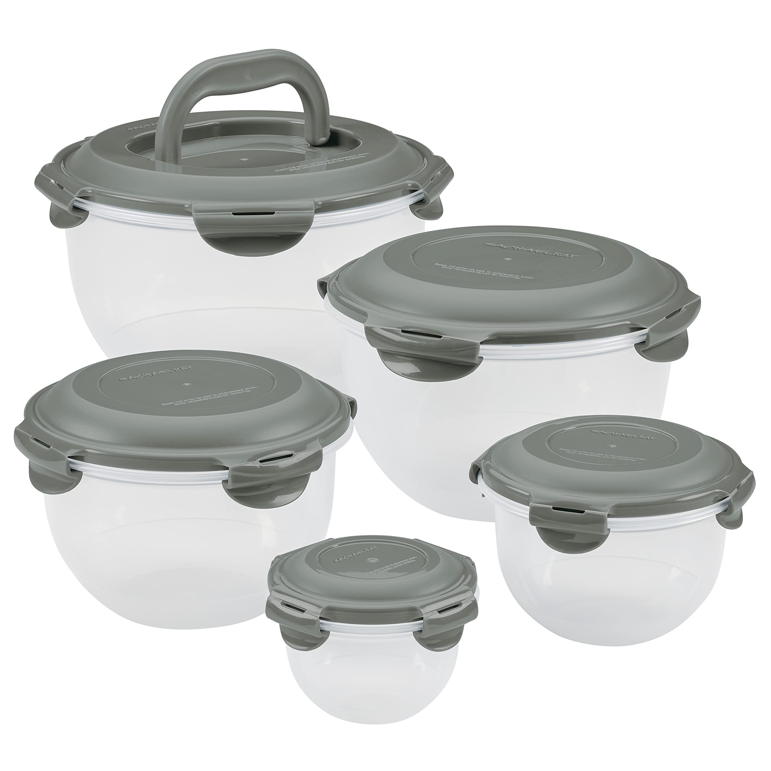 Rachael Ray Leak-Proof Nestable Container Food Storage Bin Set, 10-Piece, Clear With Gray Lids