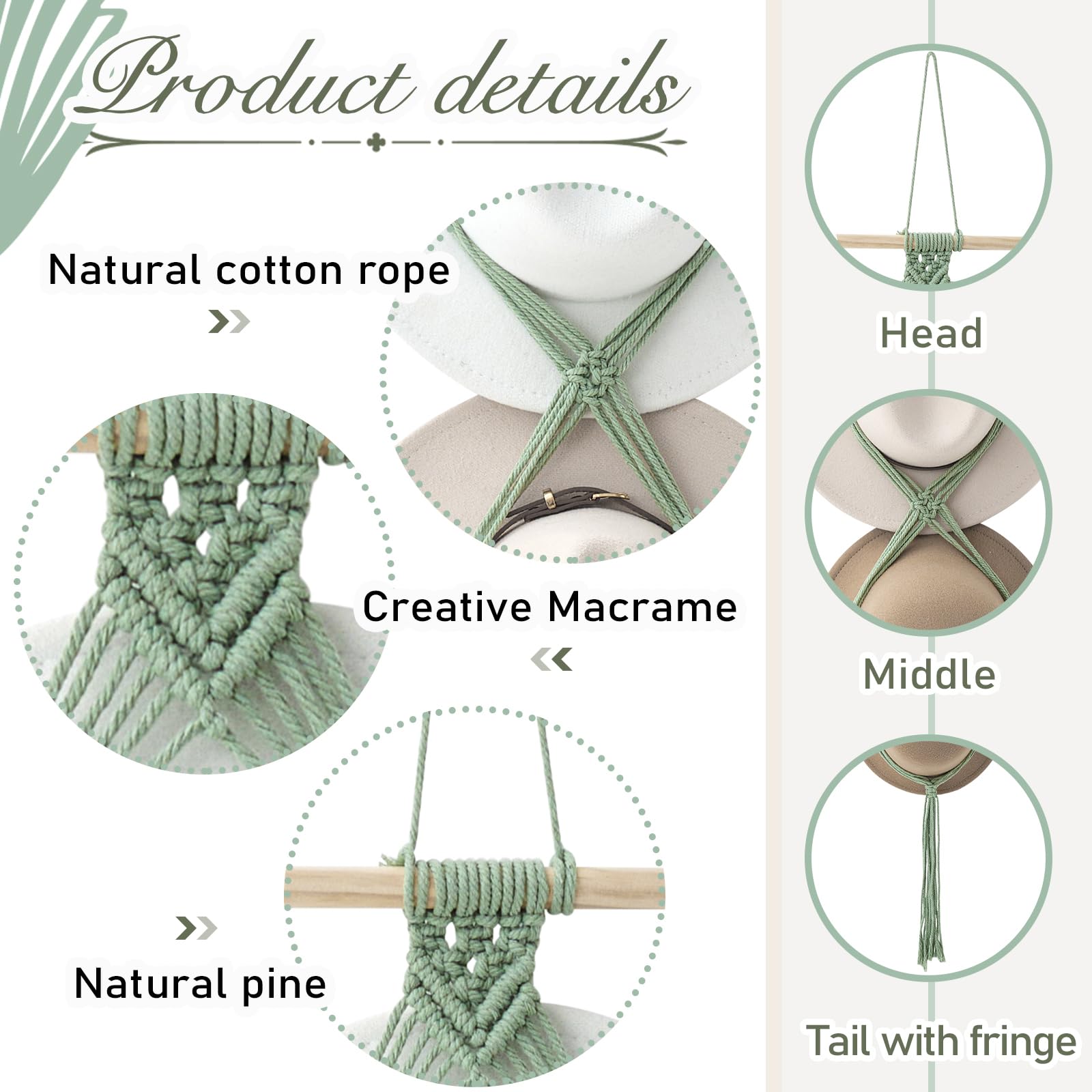 Yulejo Macrame Hat Hangers Boho Hat Rack Cowboy Hat Hanger Back Of Door Hat Organizer (Sage Green,Five Hats Style)