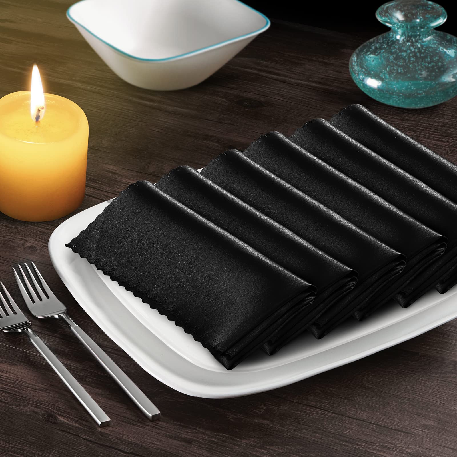 Manyshofu 6 Pieces Black Satin Scalloped Napkins - 18X18 Inches Cloth Satin Napkins, Square Satin Fabric Napkin Set - Smooth & R