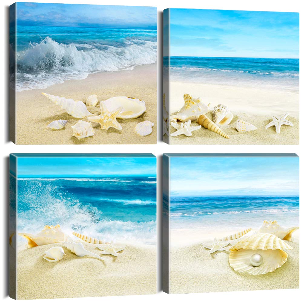 Artscope 4 Pieces Canvas Prints Wall Art - Beach Shells And Sea Picture Painting- Modern Wall Artwork Framed For Bathroom Home O