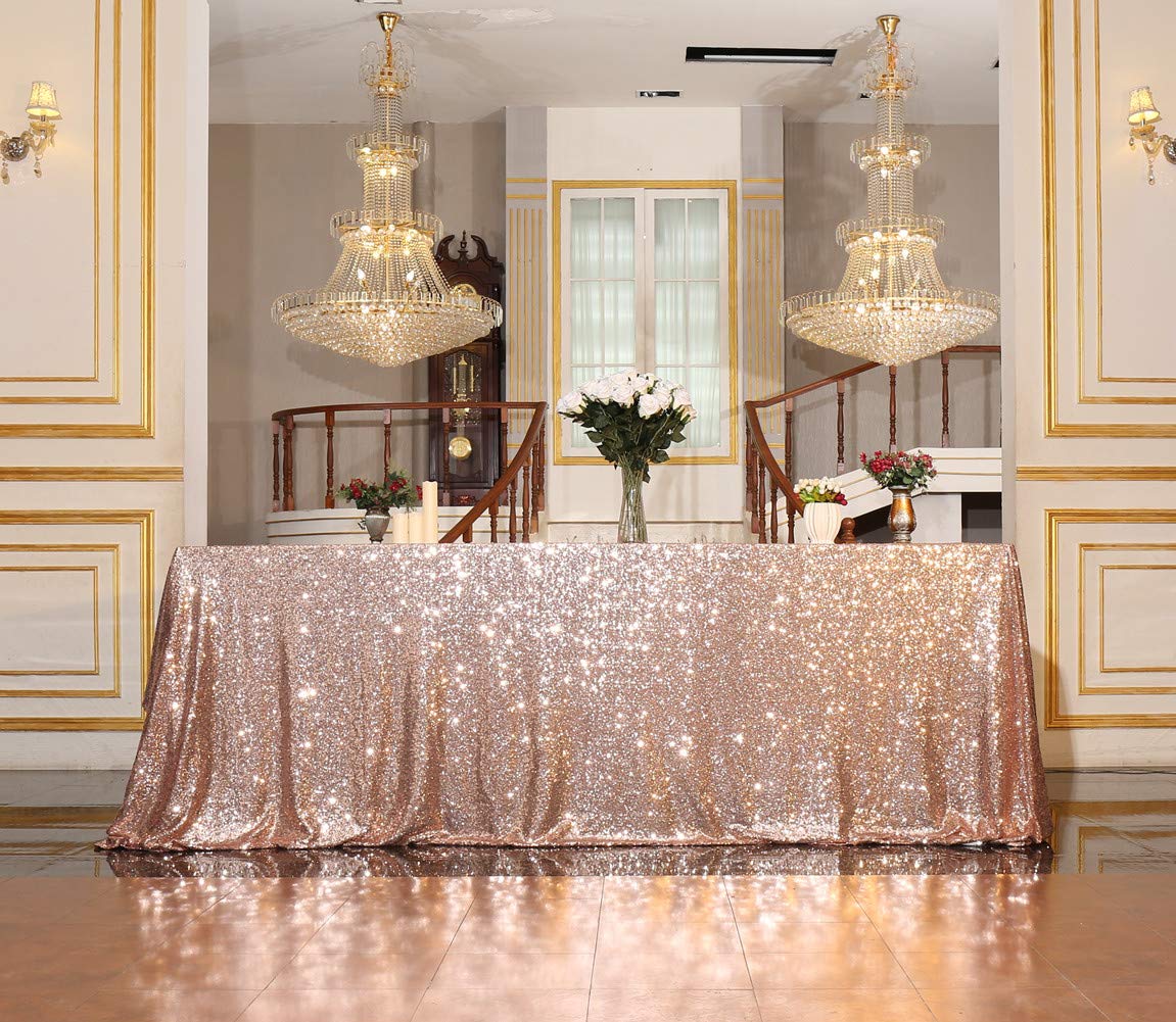 Squarepie Sequin Tablecloth Rectangular 90 X 156 Inch Rose Gold Reflect Lights Bling Sparkly Table Linen For Wedding Party