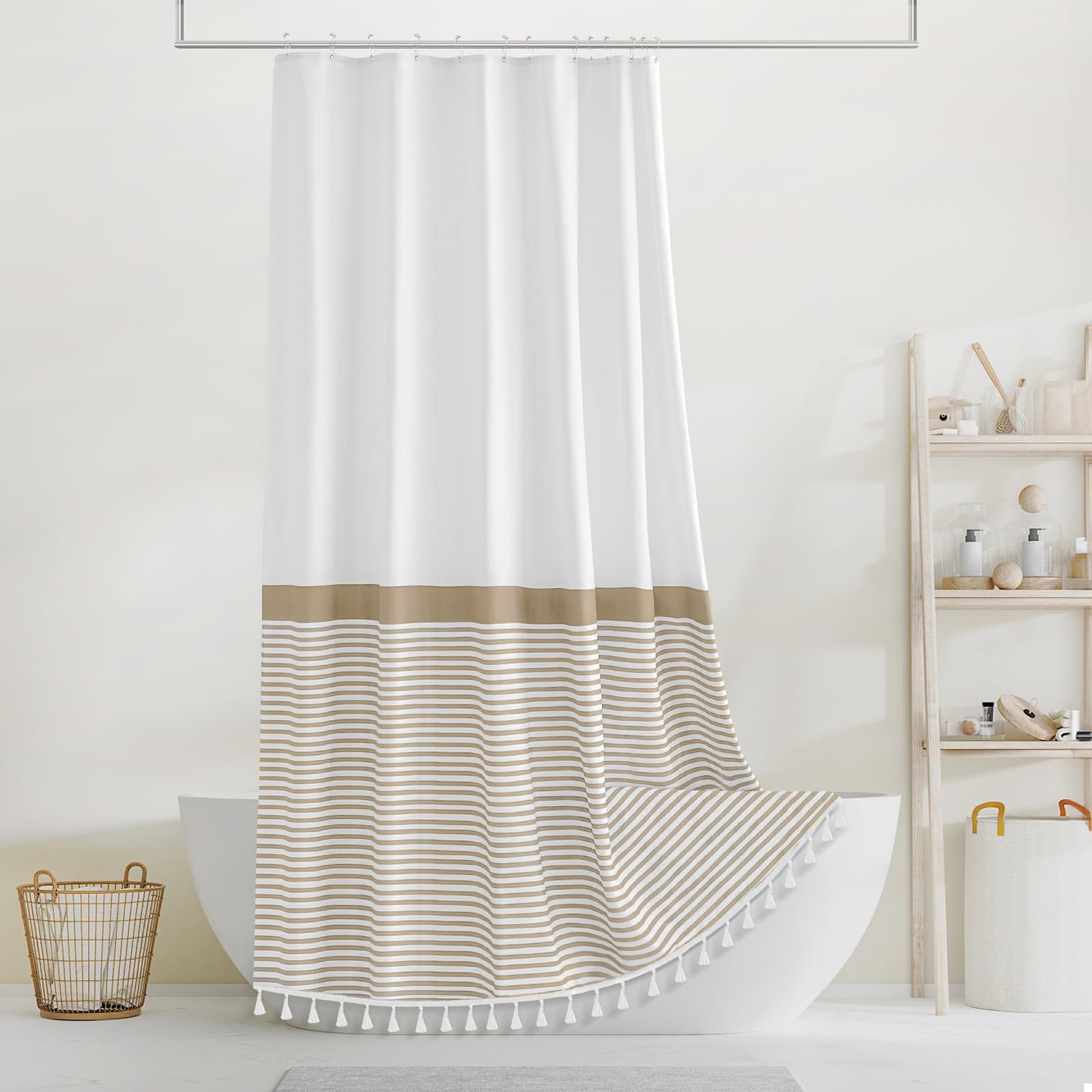 Beige Shower Curtain White Striped Tassel Shower Curtains For Bathroom Neutral Shower Curtain Set With Hooks, Water Repellent, W