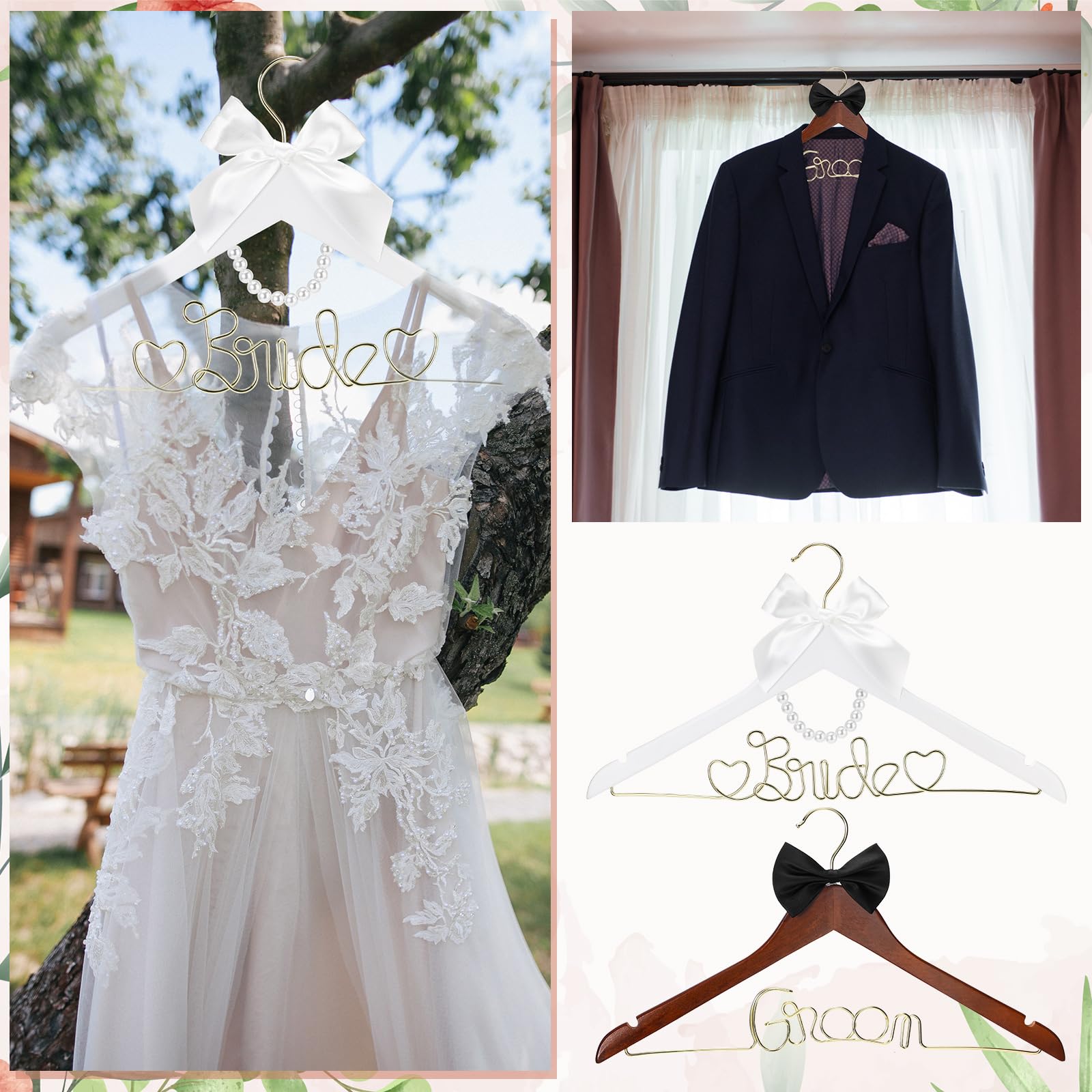 2 Pcs Bride Hanger Bride and Groom Wooden Wedding Dress Hanger Set with Bow Tie for Tuxedo Suit Wedding Gift Bridal Party Shower