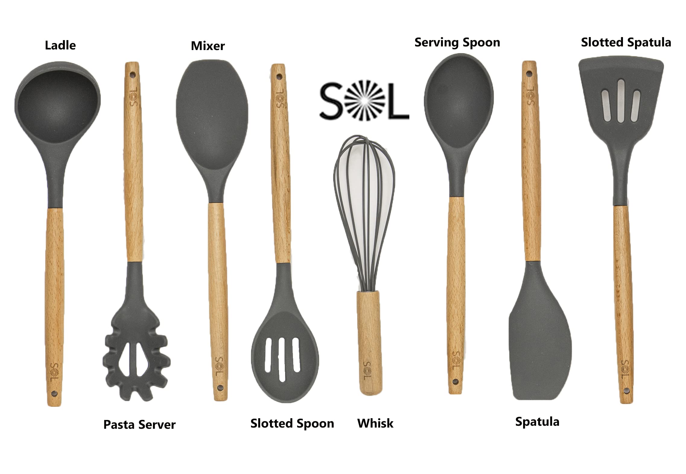 Sol -Utensil Holder For Kitchen Set Silicone Cooking Utensils With Wooden Handle 8Pcs Set - Serving Spoon, Slotted Spoon, Mixer,