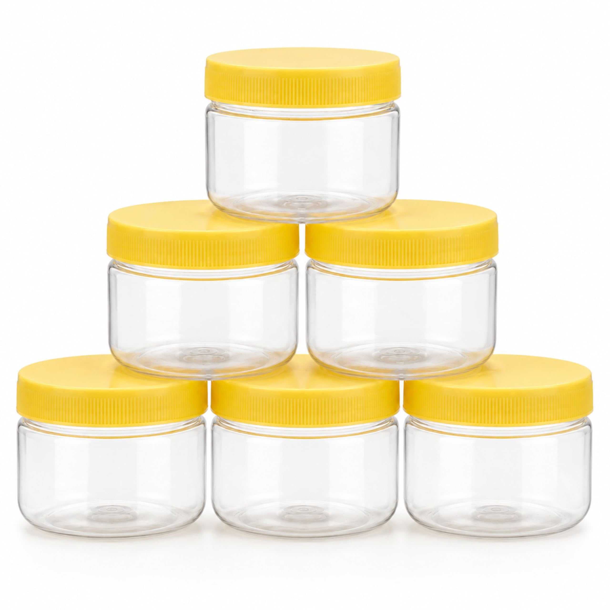 Rionik Plastics 150Ml Kitchen Storage Containers With Yellow Lid | Transparent Plastic Spice Jars | Wide Mouth | Stackable | Reu