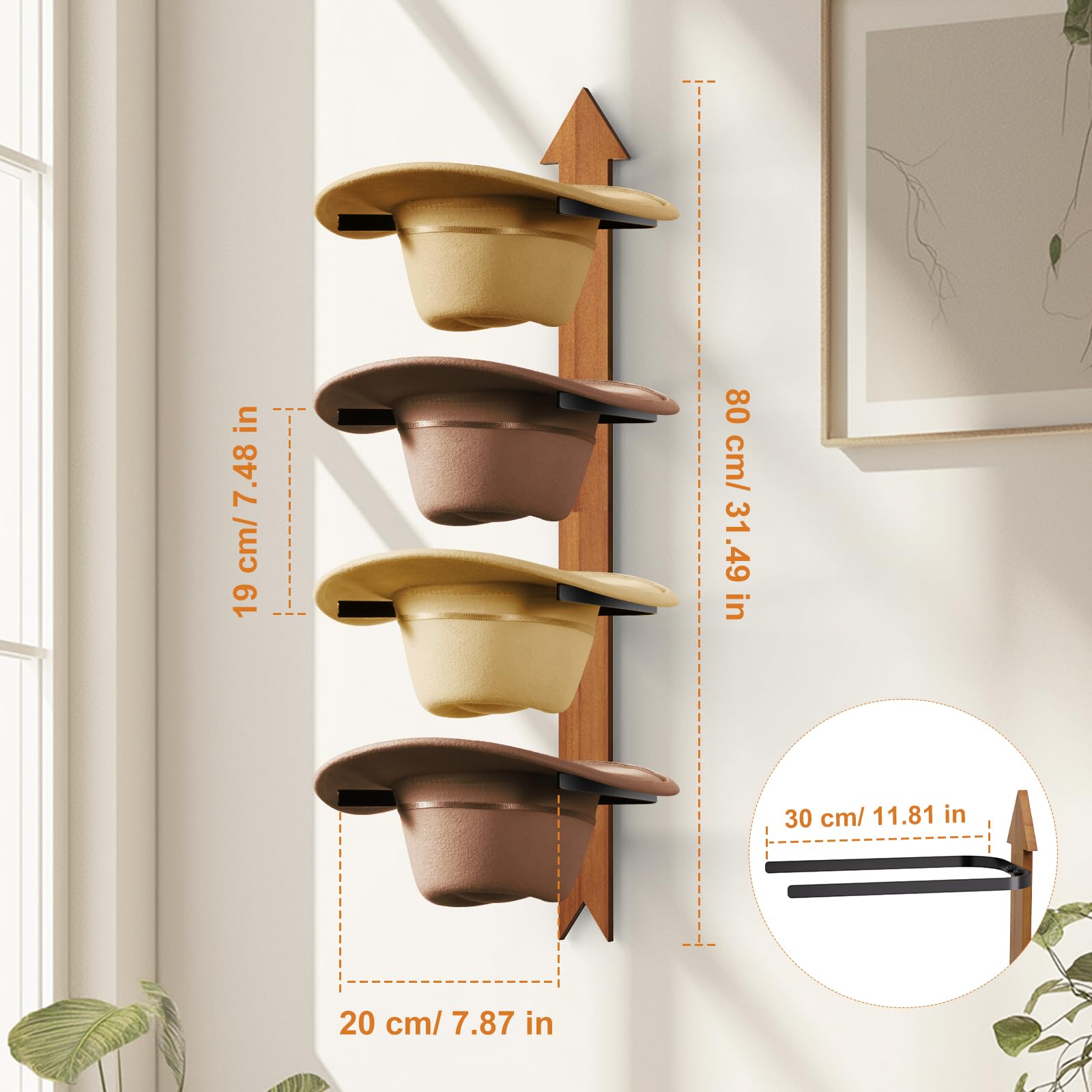 Fluffytree Cowboy Hat Rack, 4 Pieces Wooden Western Rustic Metal Cowboy Hat Hanger With Arrow Sign Board, Gift Cowboy Hat Holder