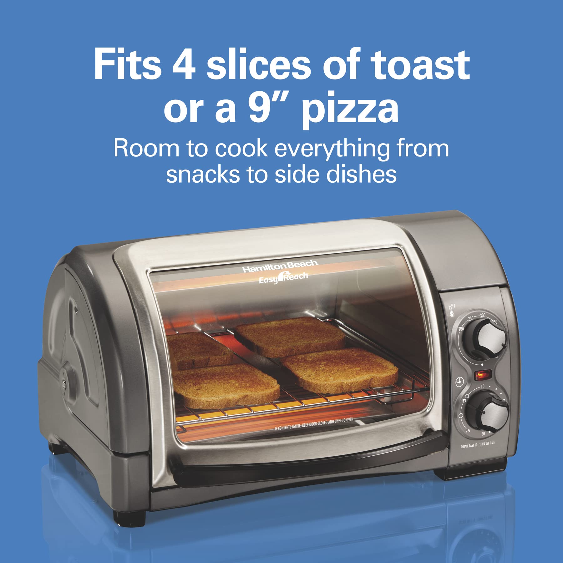 Hamilton Beach Easy Reach 4-Slice Countertop Toaster Oven With Roll-Top Door, 1200 Watts, Fits 9    Pizza, 3 Cooking Functions F