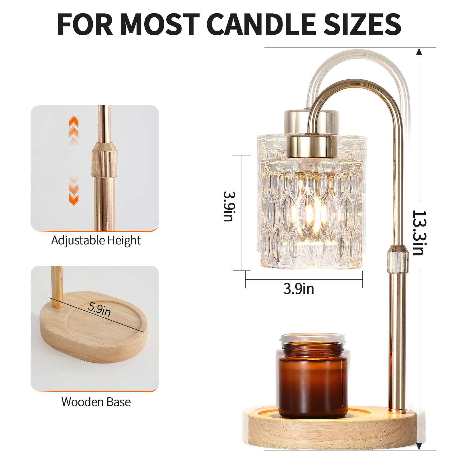 MEIXISUE Gold Candle Warmer Lamp with Dimmer & Timer, 5.9"x5.9"x13", Iron, Model T6011-1AB, Perfect for Scented
