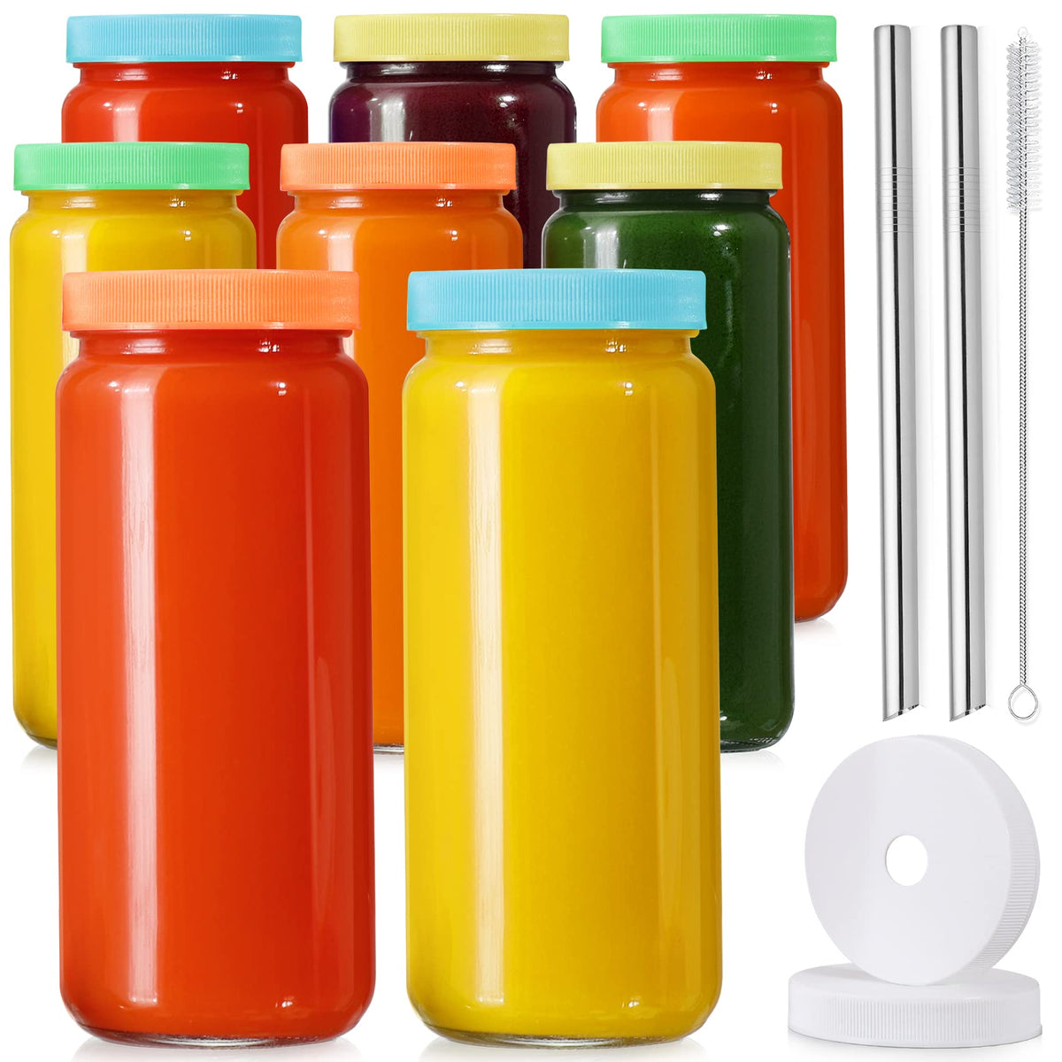 8 Pack Glass Juicing Bottle Drinking Jars With 2 Straws & 2 Lids W Hole- 16 Oz Travel Water Cups With Colored Airtight Lids, Reu