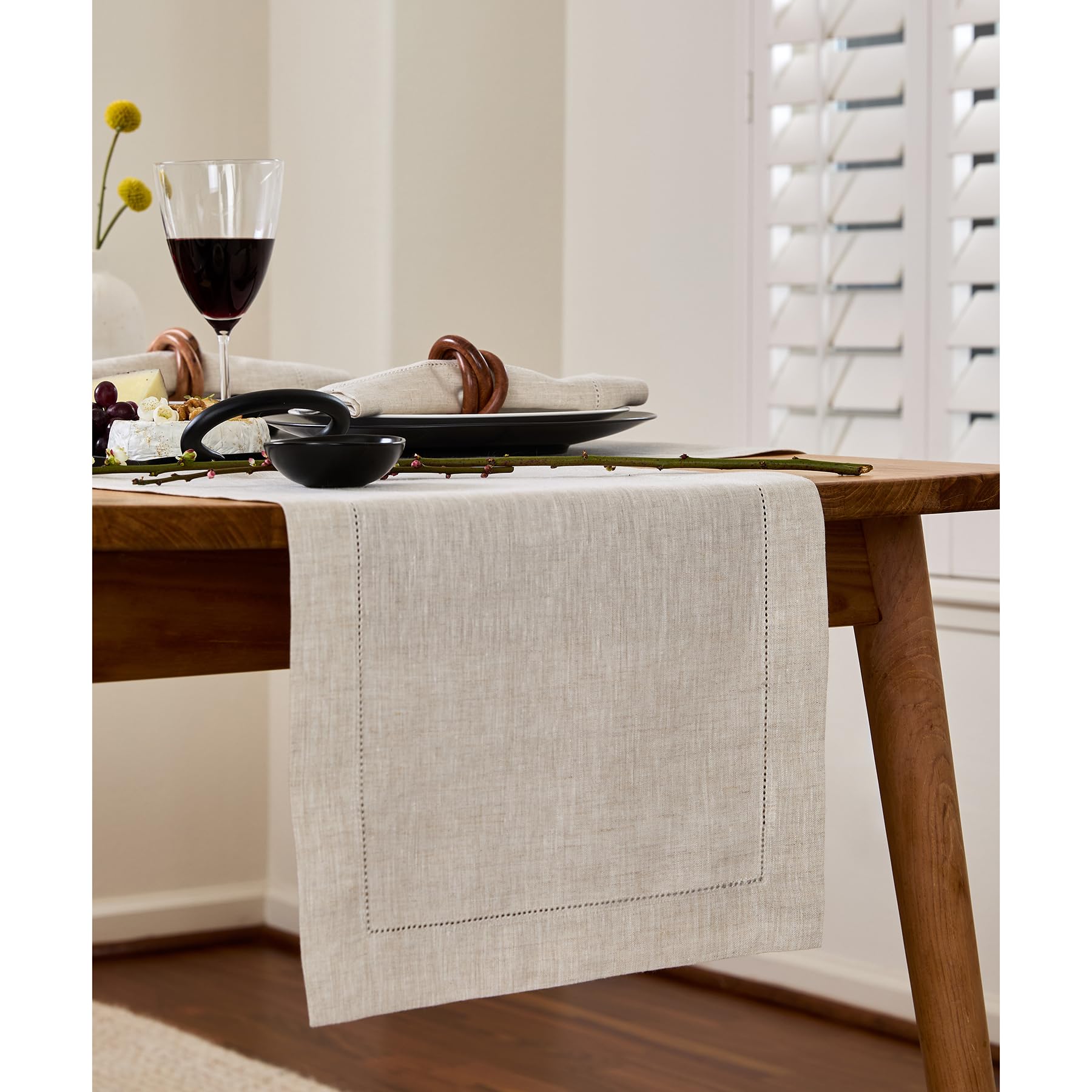 Solino Home Light Natural Linen Table Runner 48 Inch - 100% Pure Linen Classic Hemstitch Table Runner 14 X 48 Inch - Machine Was