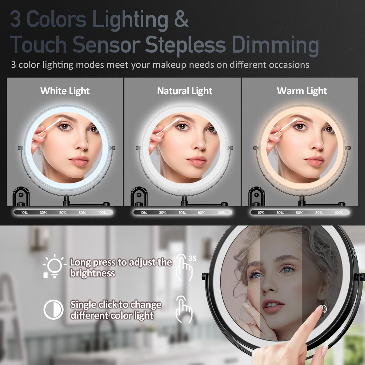 Rocollos Rechargeable Lighted Wall Mounted Makeup Mirror With 3 Color Lights,Dimmable Touch Screen,8 Inch Led Double Sided 1X/10