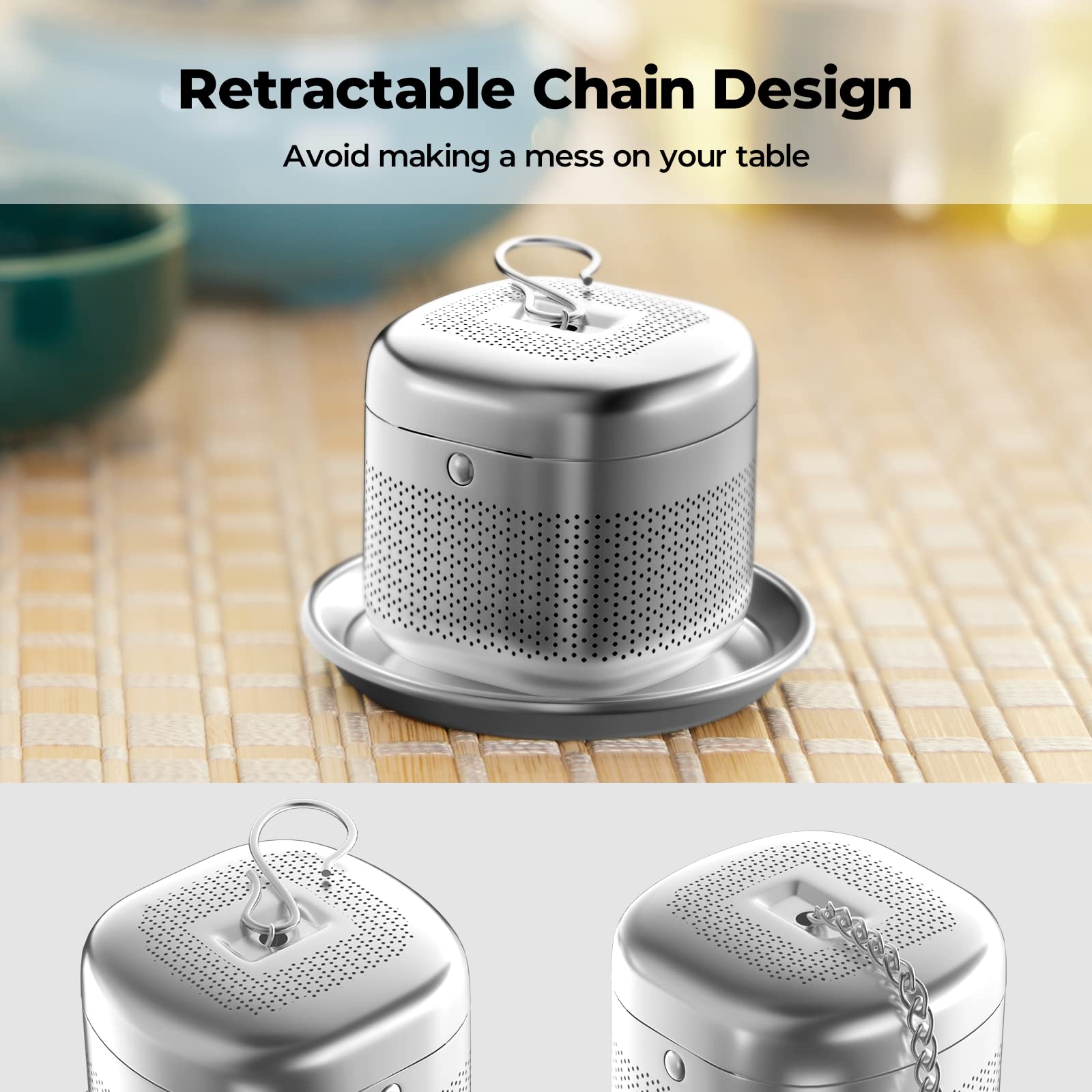 Reinmoson Tea Balls for Loose Tea  Retractable Chain Design  304 Stainless Steel Extra Fine Mesh Tea Strainers for Loose Leaf Tea  Tea Infusers for Loose Tea Single Cup Come with 1 Drip Tray