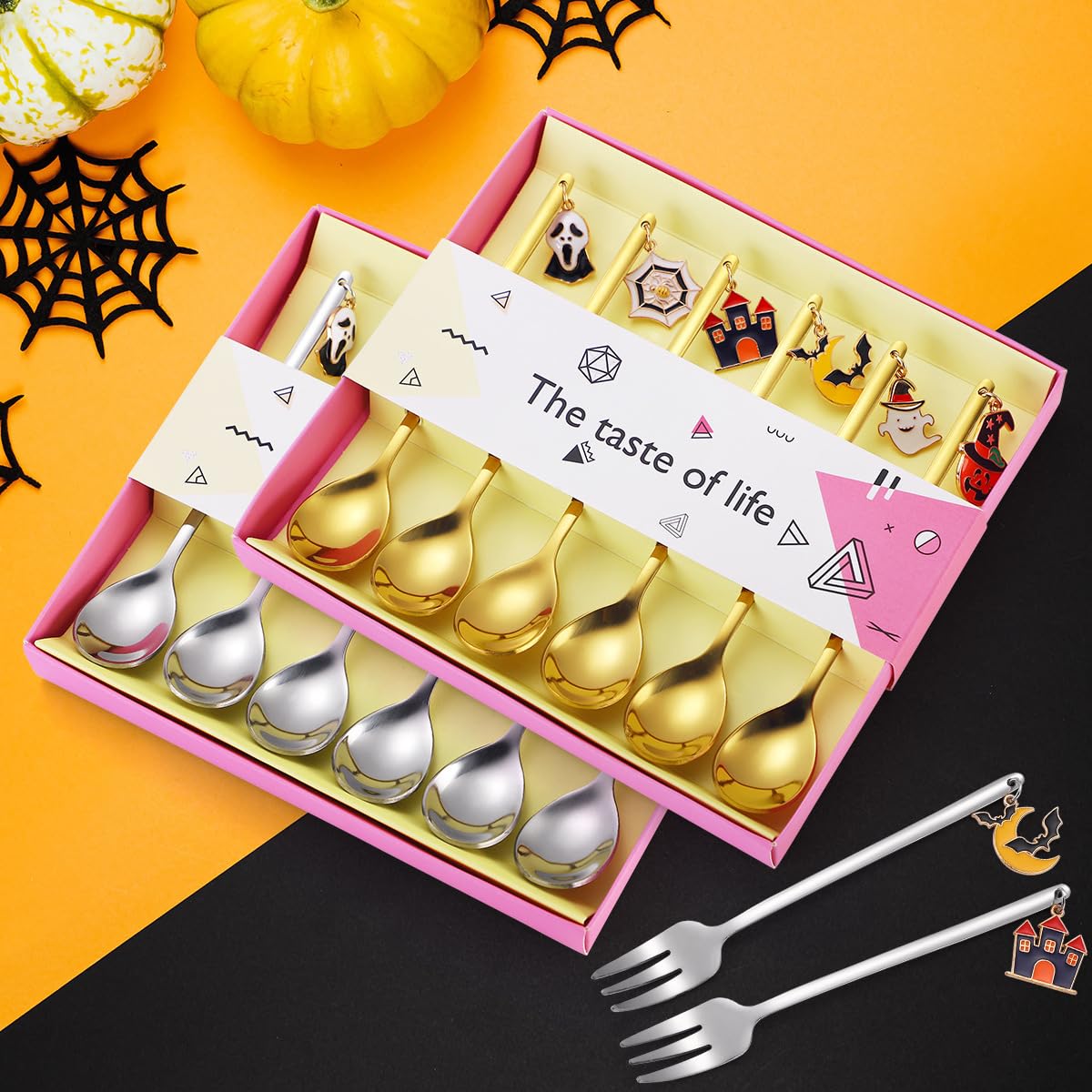 Acewen 6Pcs Halloween Coffee Spoons With Pumpkin Ghost Bat Spider Web Hanging Pendants Stainless Steel Spoons For Soup Milk Stir
