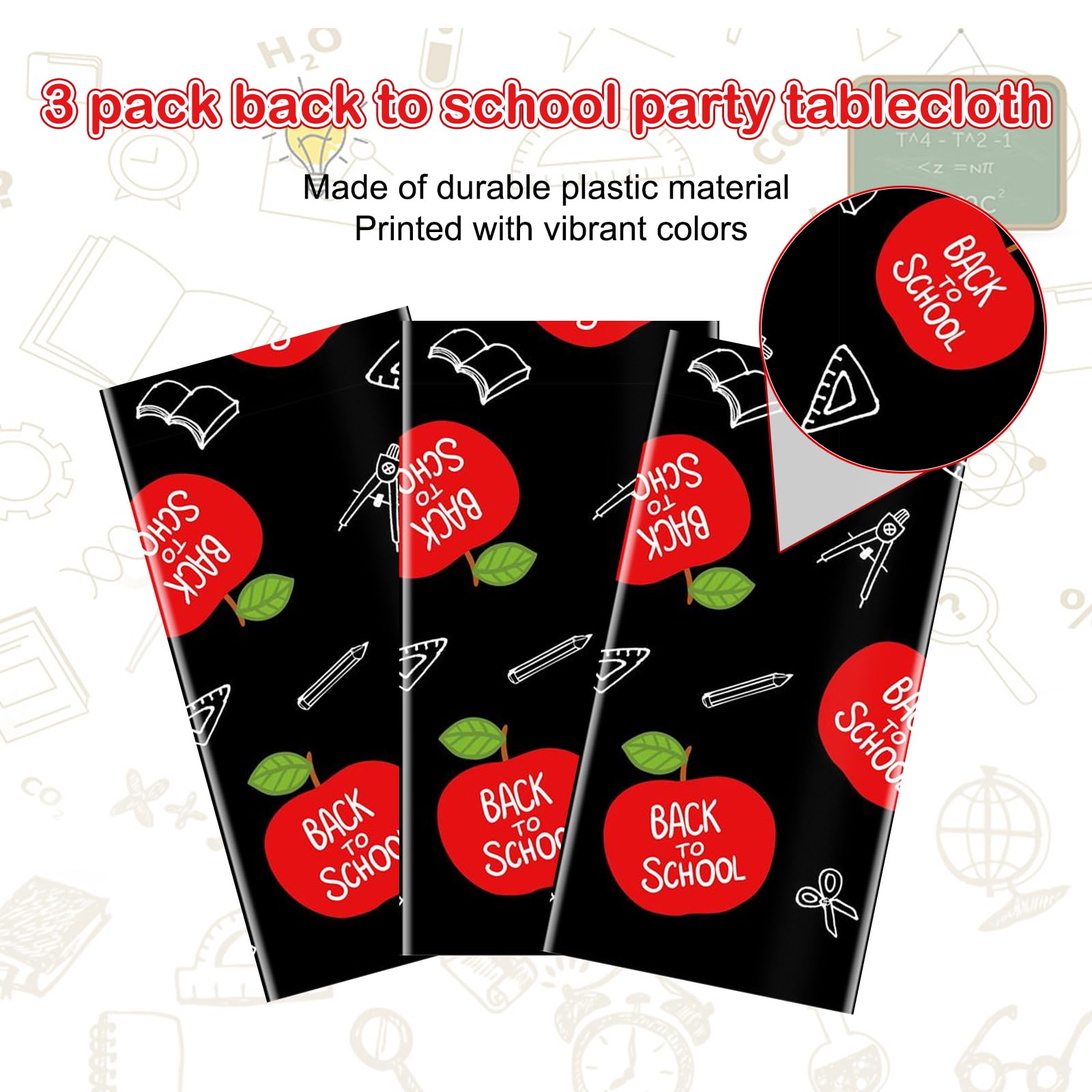 Whaline 3Pcs Welcome Back To School Party Tablecloth 54X108 Inch Waterproof Table Cover Red Apples Pencils Books Plastic Table C