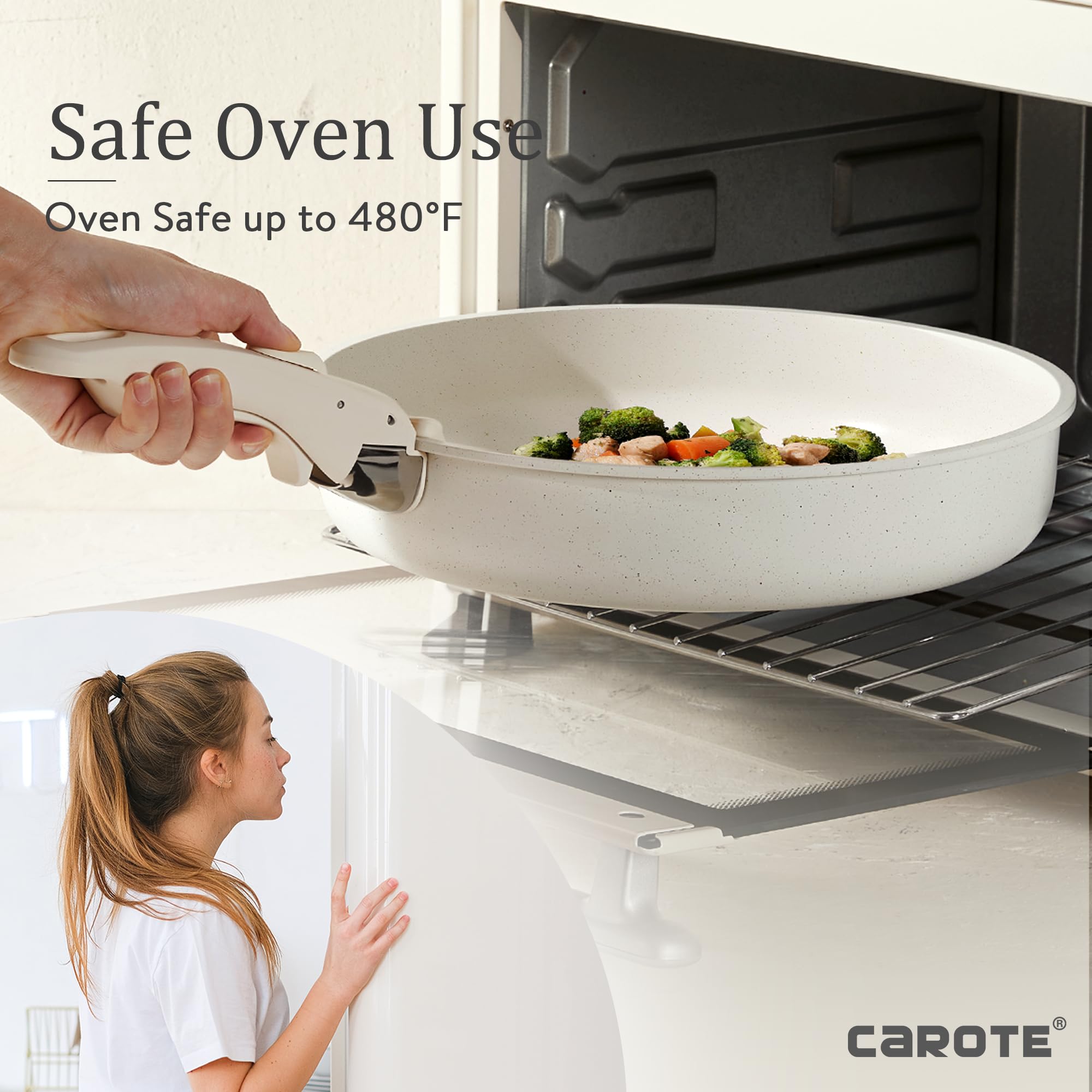 CAROTE 21pcs Detachable Handle Pots and Pan Set, Nonstick Induction Cookware, Removable Handle, RV Oven Safe Cookware, Cream Whi