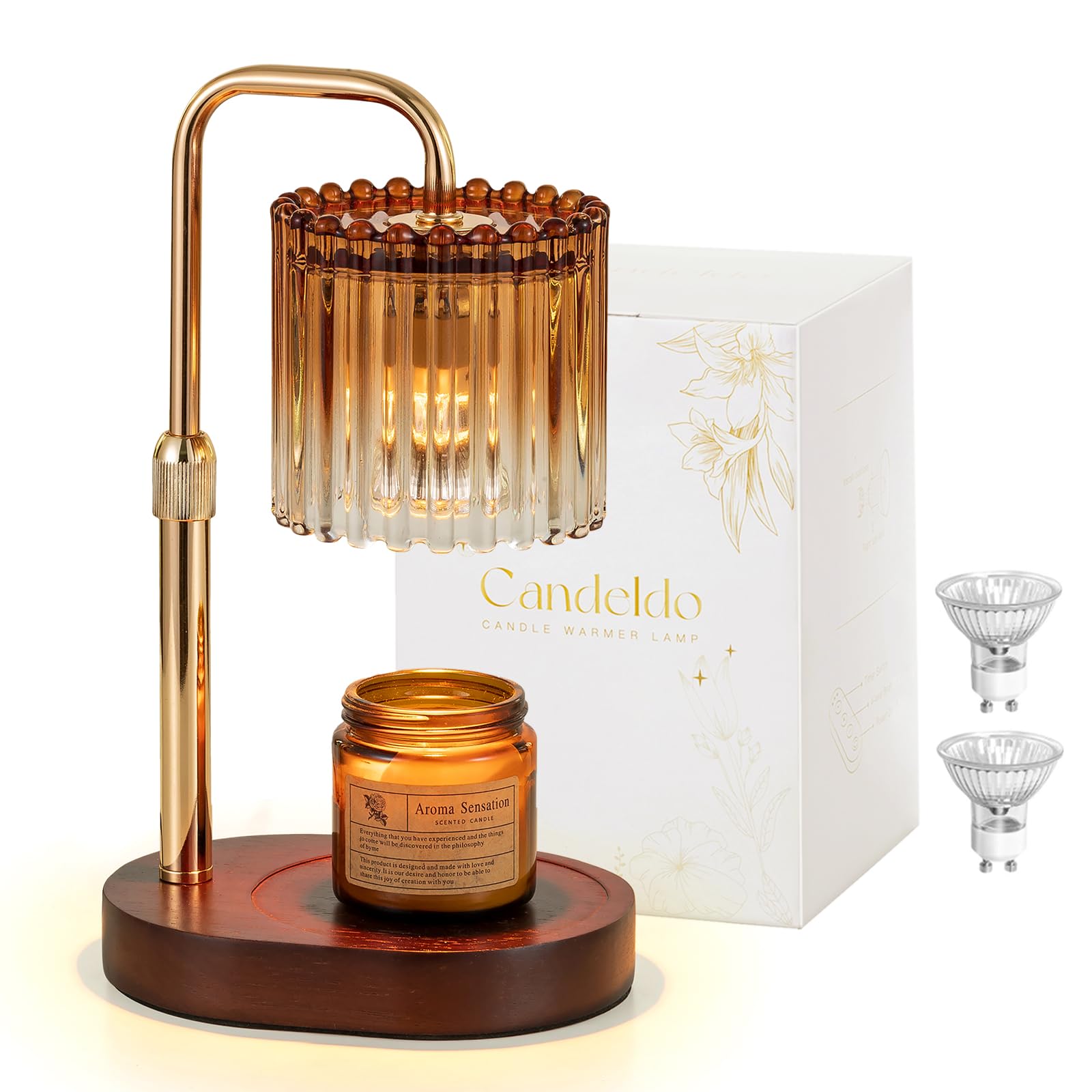 Candeldo Candle Warmer Lamp with Timer: Amber Candle Warming Lamp with 2 Bulbs Height Adjustable Wax Melt Dimmable Bedroom Decor